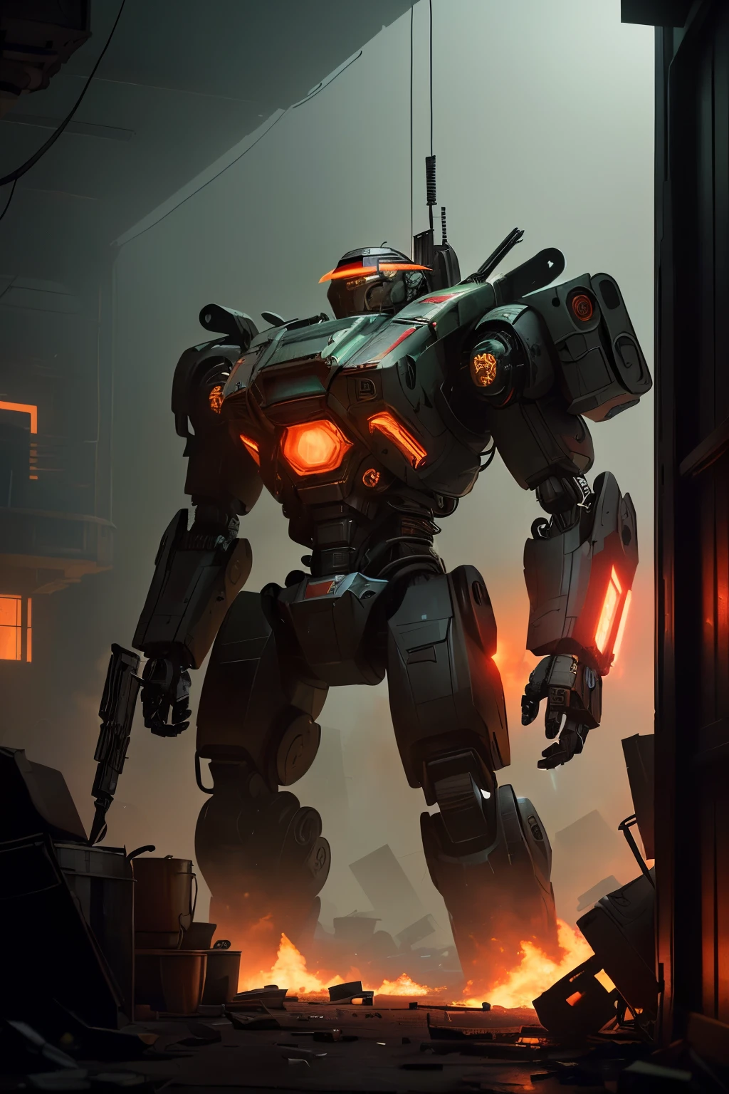 A masterpiece, (photorealistic: 1.4), of a cluttered and messy shack in a wide angle environmental shot. Amidst the chaos, an intense action shot unfolds as a robot lies in pieces with a glowing red visor, embodying the realistic sci-fi cyberpunk essence of a gangster. The intricate details of the destroyed machine are brought to life by unreal engine, while cosy indoor lighting adds a sense of intimacy. Captured with Craig Mullins' and Greg Rutkowski's skill and rendered using Octane, this image showcases vibrant and dramatic contrasts, volumetric lights, and sharp focus that trends on