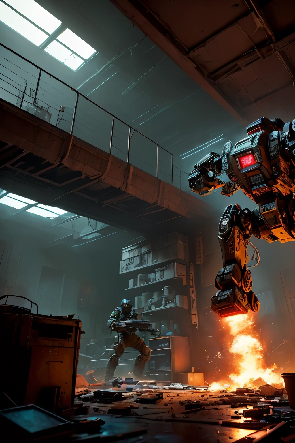 A masterpiece, (photorealistic: 1.4), of a cluttered and messy shack in a wide angle environmental shot. Amidst the chaos, an intense action shot unfolds as a robot lies in pieces with a glowing red visor, embodying the realistic sci-fi cyberpunk essence of a gangster. The intricate details of the destroyed machine are brought to life by unreal engine, while cosy indoor lighting adds a sense of intimacy. Captured with Craig Mullins' and Greg Rutkowski's skill and rendered using Octane, this image showcases vibrant and dramatic contrasts, volumetric lights, and sharp focus that trends on