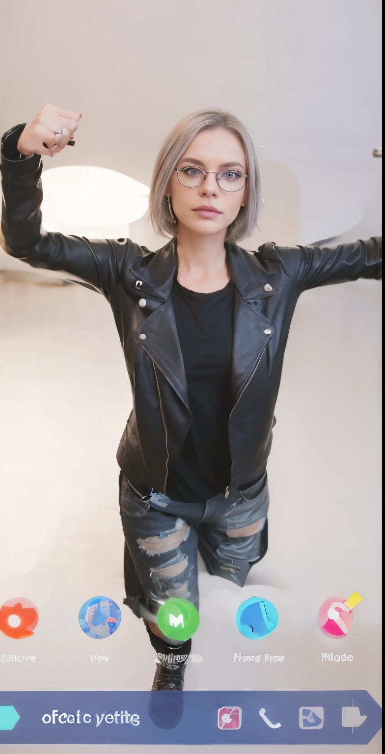 skinny tall German woman, doggy position, short white hair, short black leather jacket, highheels, tear stockings, Bare Tits, Naked, Smiling,