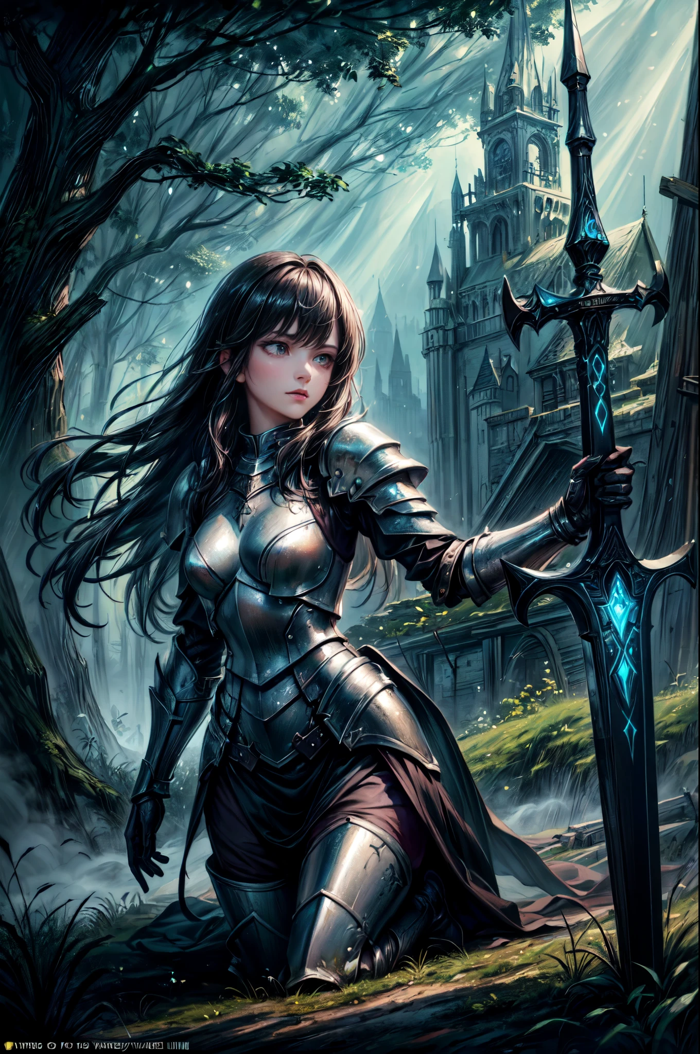 a picture of woman paladin of nature protecting the forest, a woman knight, black hair, long hair, full body (best details, Masterpiece, best quality :1.5), ultra detailed face (best details, Masterpiece, best quality :1.5), ultra feminine (best details, Masterpiece, best quality :1.5), black hair, long hair, braided hair, pale skin, (deep blue: 1.2) eyes, intense eyes, wearying heavy armor, white armor (best details, Masterpiece, best quality :1.5), green cloak, armed with a sword, glowing sword GlowingRunes_green, fantasy forest background, D&D art, RPG art, magical atmosphere magic-fantasy-forest, ultra best realistic, best details, best quality, 16k, [ultra detailed], masterpiece, best quality, (extremely detailed), ultra wide shot, photorealism, depth of field, hyper realistic painting