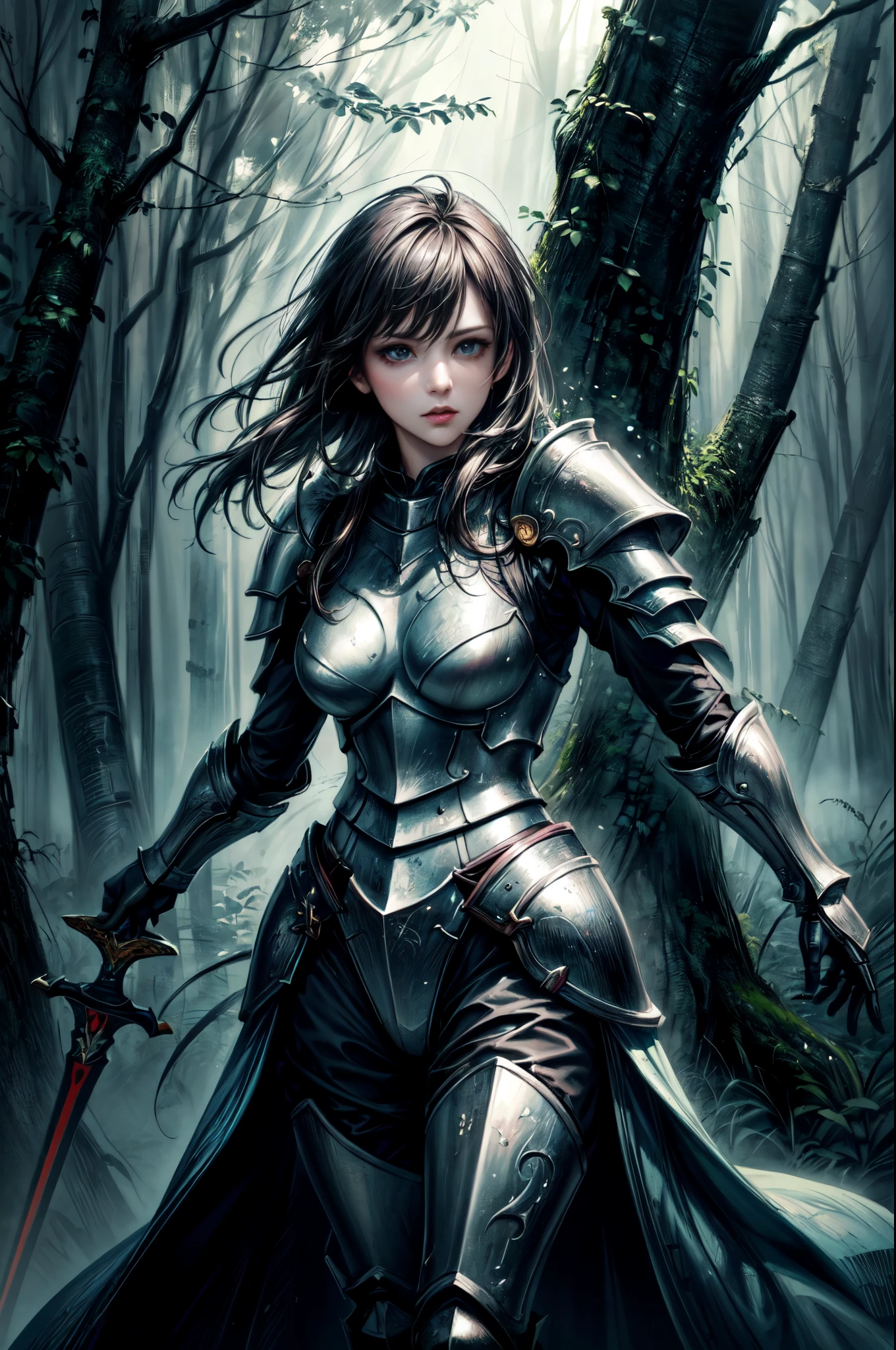 a picture of woman paladin of nature protecting the forest, a woman knight, black hair, long hair, full body (best details, Masterpiece, best quality :1.5), ultra detailed face (best details, Masterpiece, best quality :1.5), ultra feminine (best details, Masterpiece, best quality :1.5), black hair, long hair, braided hair, pale skin, (deep blue: 1.2) eyes, intense eyes, wearying heavy armor, white armor (best details, Masterpiece, best quality :1.5), green cloak, armed with a sword, glowing sword GlowingRunes_green, fantasy forest background, D&D art, RPG art, magical atmosphere magic-fantasy-forest, ultra best realistic, best details, best quality, 16k, [ultra detailed], masterpiece, best quality, (extremely detailed), ultra wide shot, photorealism, depth of field, hyper realistic painting