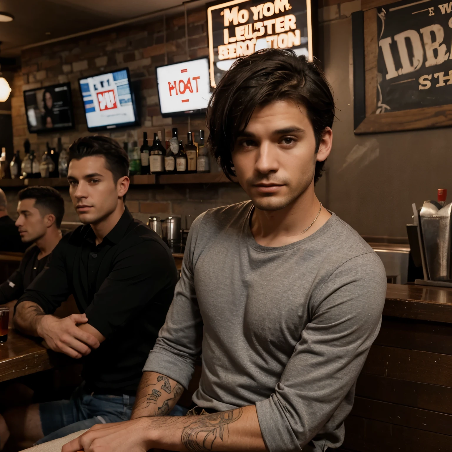 30yo men at a bar, skinny with a full sleeve shirt, short black hair