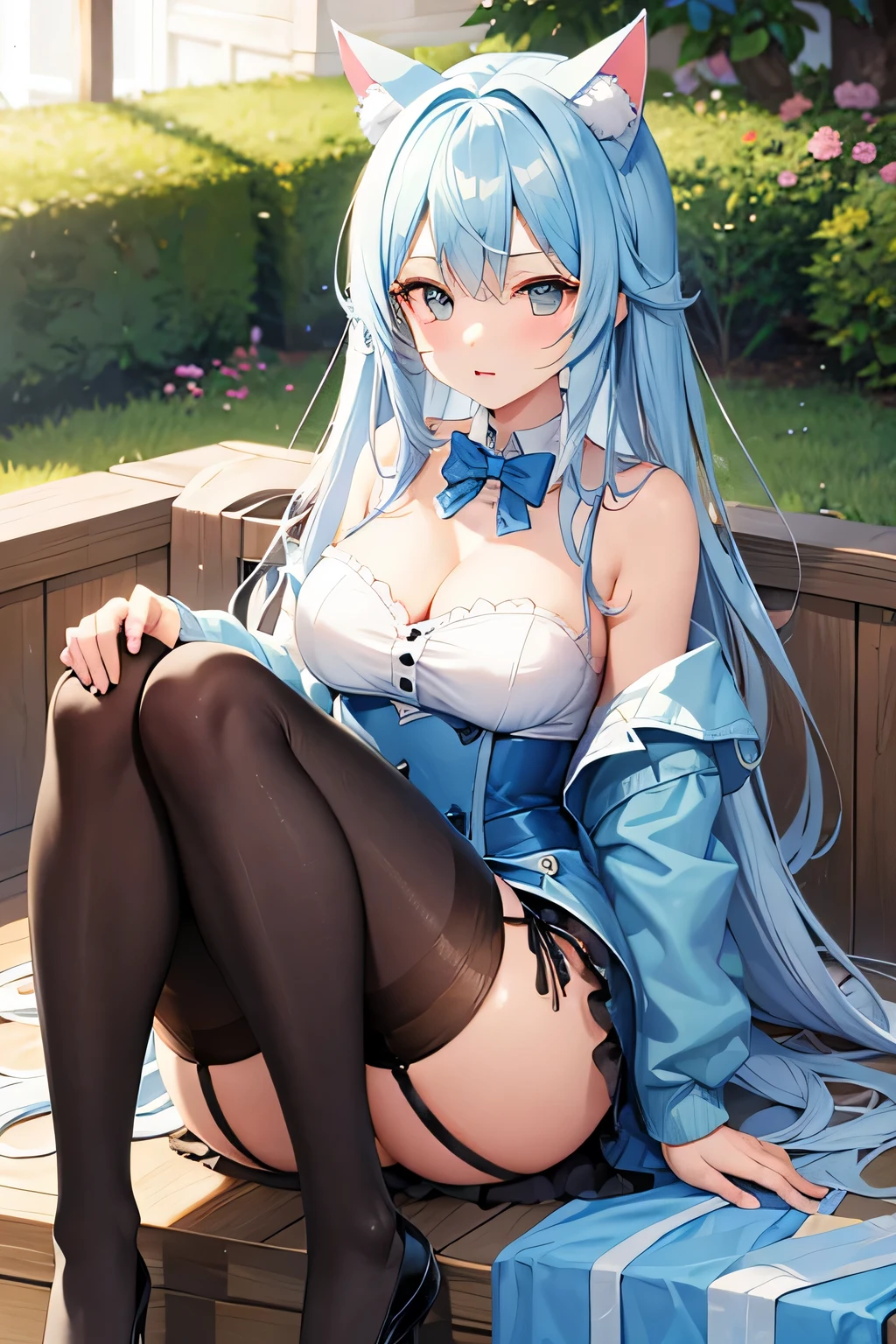 light blue cat ears girl，Good shape，stockings