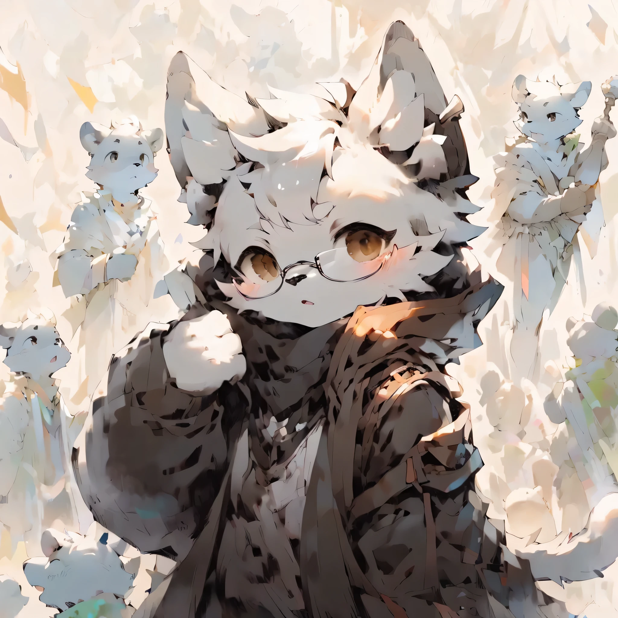 a cute male cat，gray and white fur，brown eyes，black nose，Wearing round silver-rimmed glasses，wearing a brown cloak，clearly，clearer