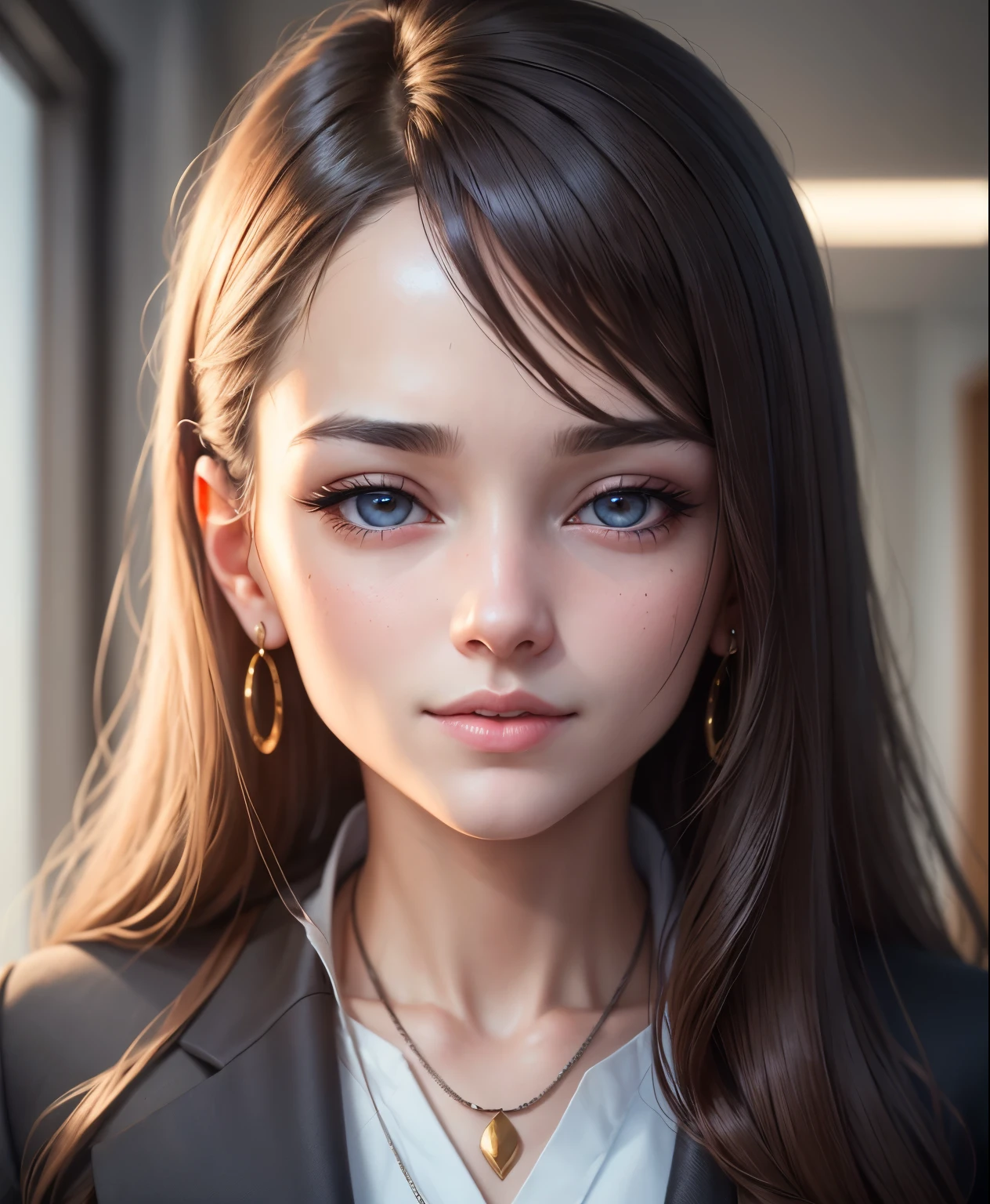 face portrait of 1girl, light long hair, wearing a secretary suit, in an office, (slightly smiling), closeup, (makeup), earring, necklace, detailed eyes, limbal ring, (masterpiece, best quality, high quality), hyperdetailed, highres, high detail, intricate detail, HDR, 8k wallpaper, sharp focus, detailed background, realistic, photorealistic, perfect hands, realistic eyes, detailed skin texture, (blush:0.5), (goosebumps:0.5), subsurface scattering