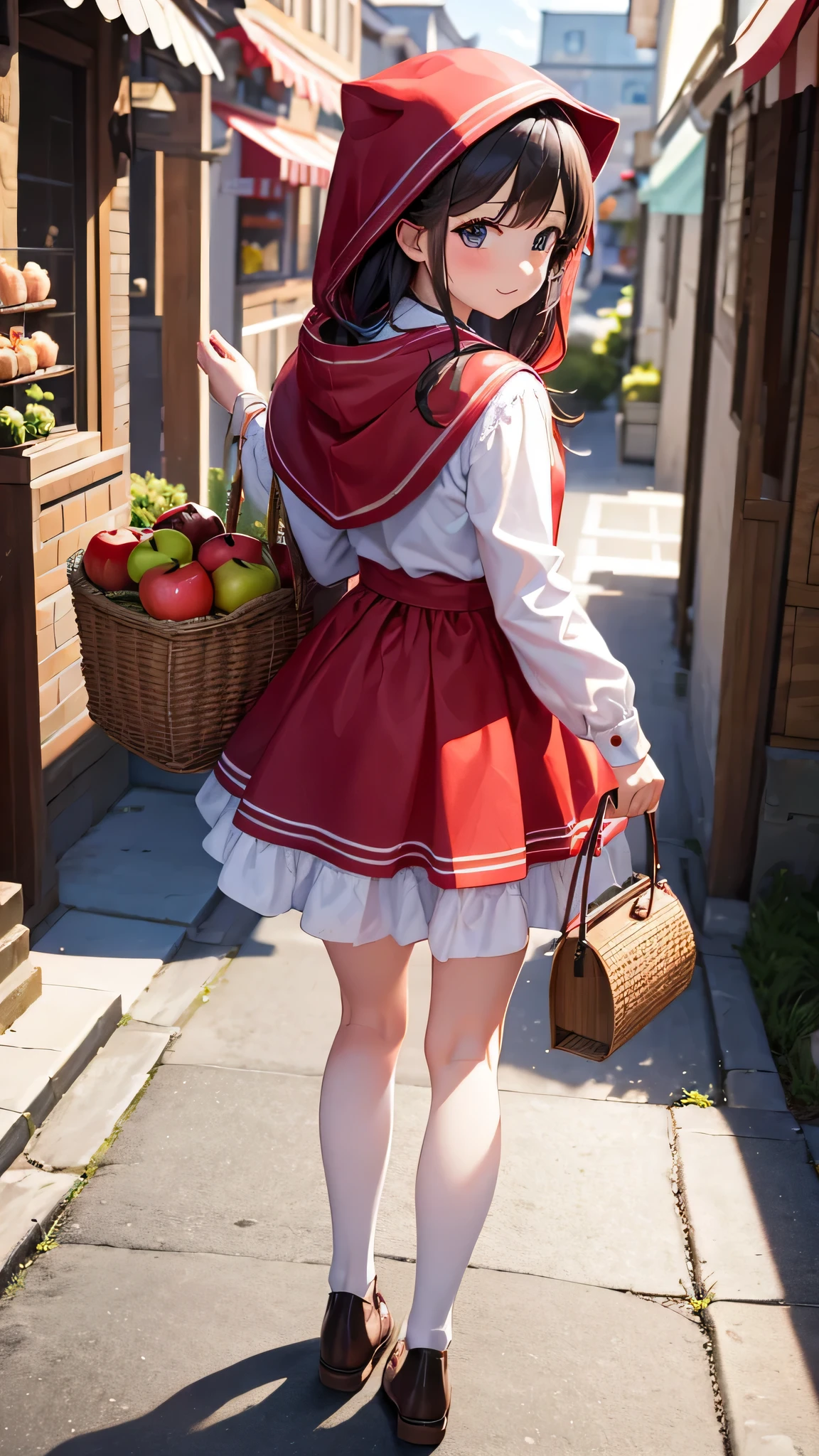 vestida para ir em uma aventura、vestido como Chapeuzinho Vermelho、Bustup、Andar enquanto cantarola、Parece muito divertido、There's a basket with apple pie、Take low-angle photos from behind