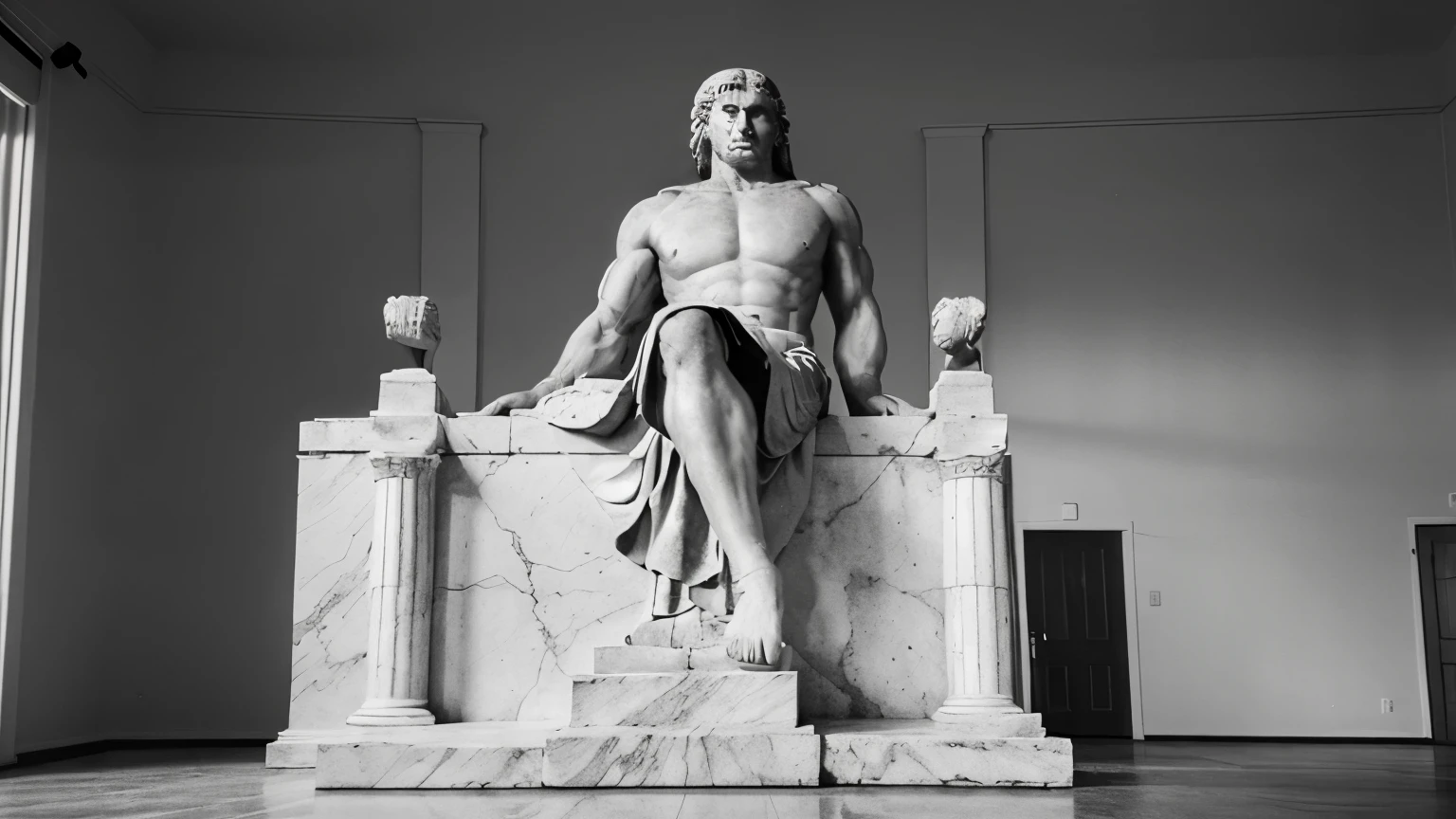 Generate an image of a classical statue resembling a Greek philosopher in a thoughtful pose,Create an image of strong, muscular ancient Greek stoic and contemplative atmosphere black and white, standing or sitting in an ancient conference room