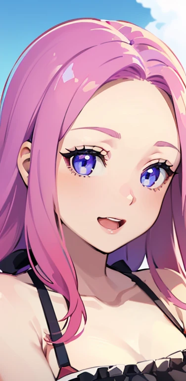 Realistic、1girl、pink hair、blue eyes、(eye focus:1.3,face focus:1.3,upper body:1.5),(gradient eyes:1.3),(red bikini)、open mouth,happy smile,forehead,cute face,portrait,beach、