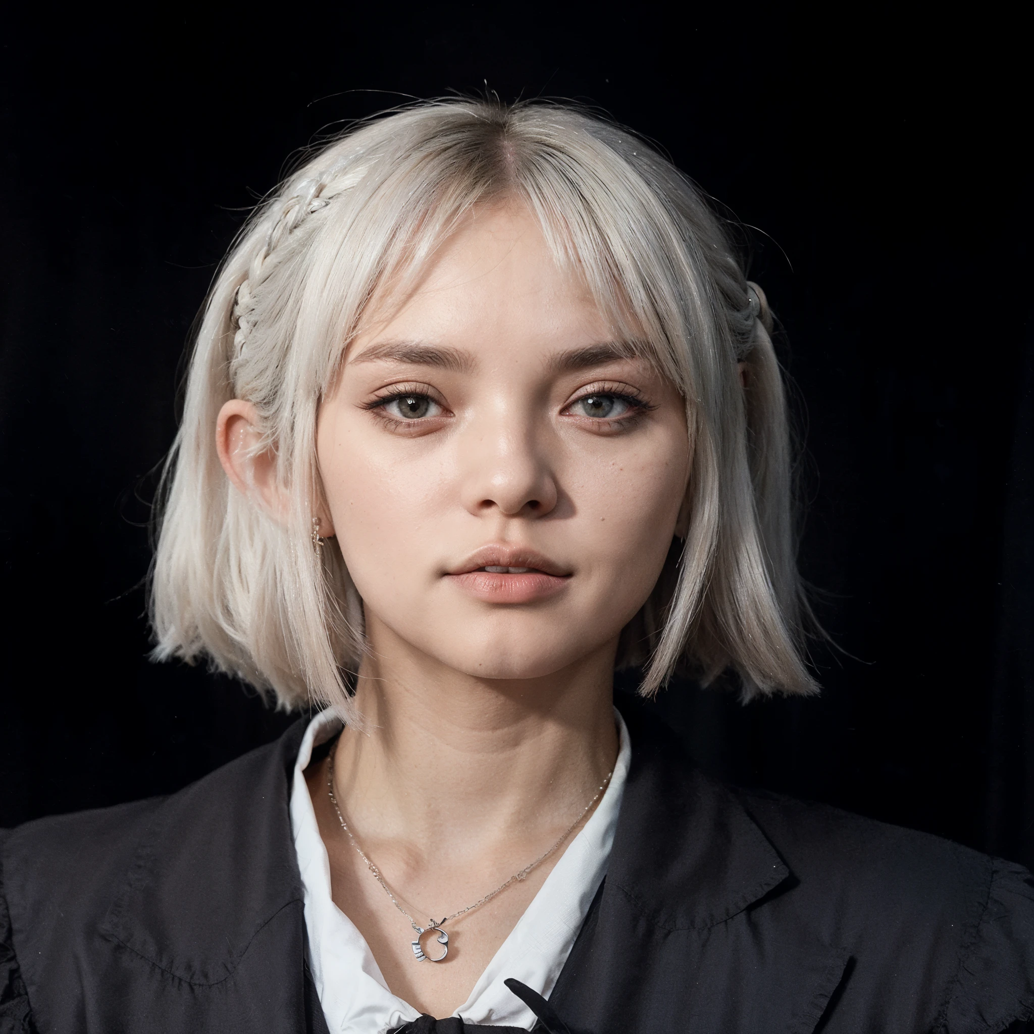 mulher loira com olhos azuis e gravata preta e terno, penteado com corte hime branco, franja branca, com cabelo branco curto, cabelo com franja branca, com cabelo curto, com cabelo branco, Retrato de Jossi do Blackpink, com cabelo curto with bangs, cabelo claro, o corte Hime, Ulzzang, com franja completa, cabelos brancos e fringy