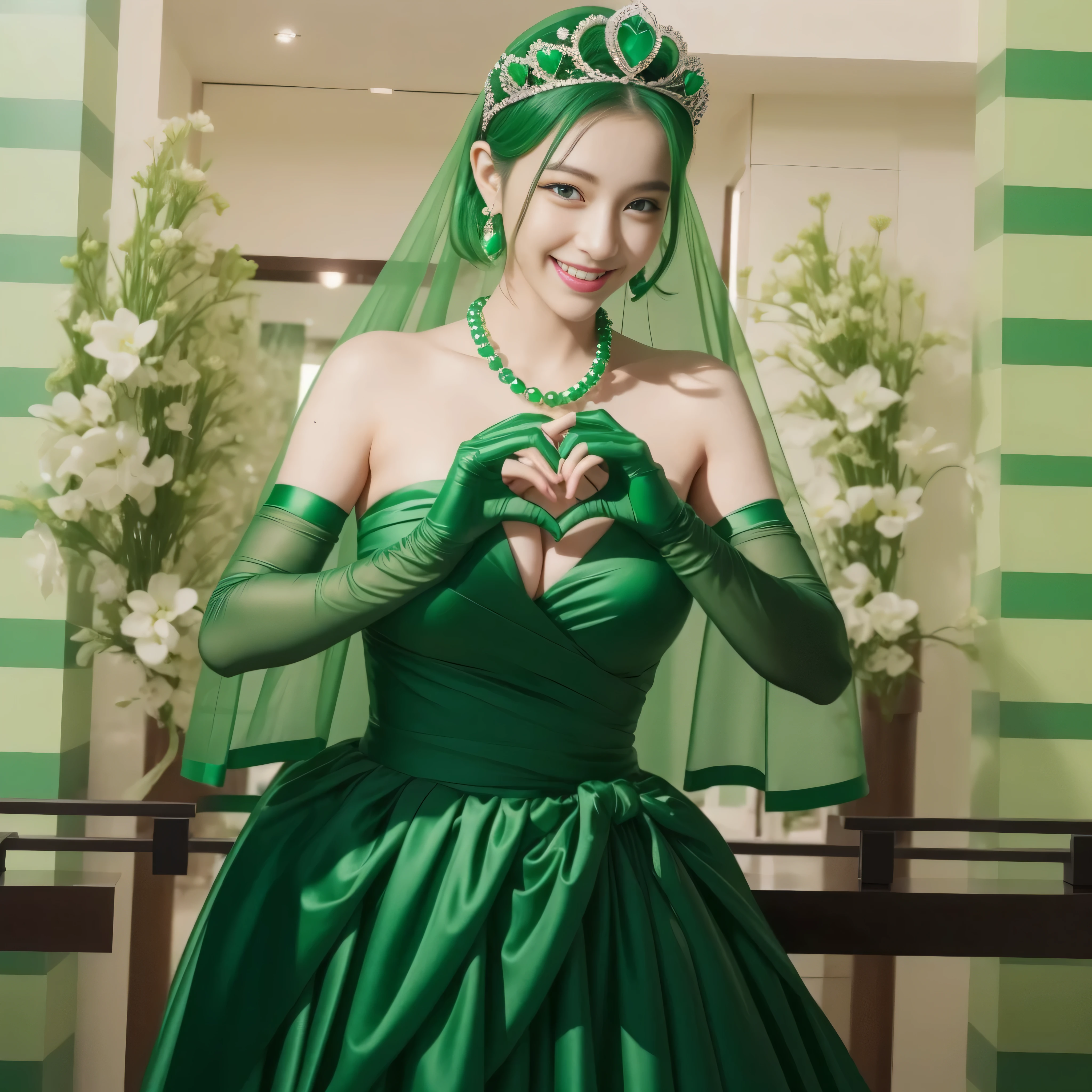 emerald tiara, green pearl necklace, ボーイッシュな非常に短いgreen hair, green lips, smiling Japanese woman, very short hair, Beauty with large breasts, green eyes, Long Green Satin Gloves, green eyes, emerald earrings, green veil, heart with both hands, green hair, beautiful japanese woman, heart shaped hand:1.3, green lip gloss
