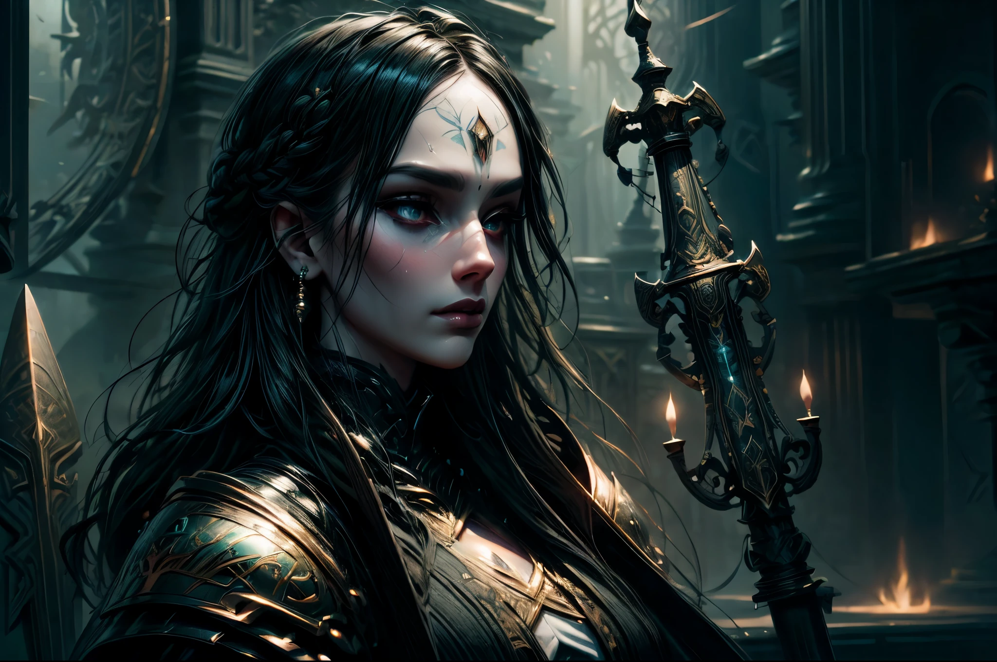 a picture of woman paladin of nature protecting the forest, a woman knight, black hair, long hair, full body (best details, Masterpiece, best quality :1.5), ultra detailed face (best details, Masterpiece, best quality :1.5), ultra feminine (best details, Masterpiece, best quality :1.5), black hair, long hair, braided hair, pale skin, (deep blue: 1.2) eyes, intense eyes, wearying heavy armor, white armor (best details, Masterpiece, best quality :1.5), green cloak, armed with a sword, glowing sword GlowingRunes_green, fantasy forest background, D&D art, RPG art, magical atmosphere magic-fantasy-forest, ultra best realistic, best details, best quality, 16k, [ultra detailed], masterpiece, best quality, (extremely detailed), ultra wide shot, photorealism, depth of field, hyper realistic painting