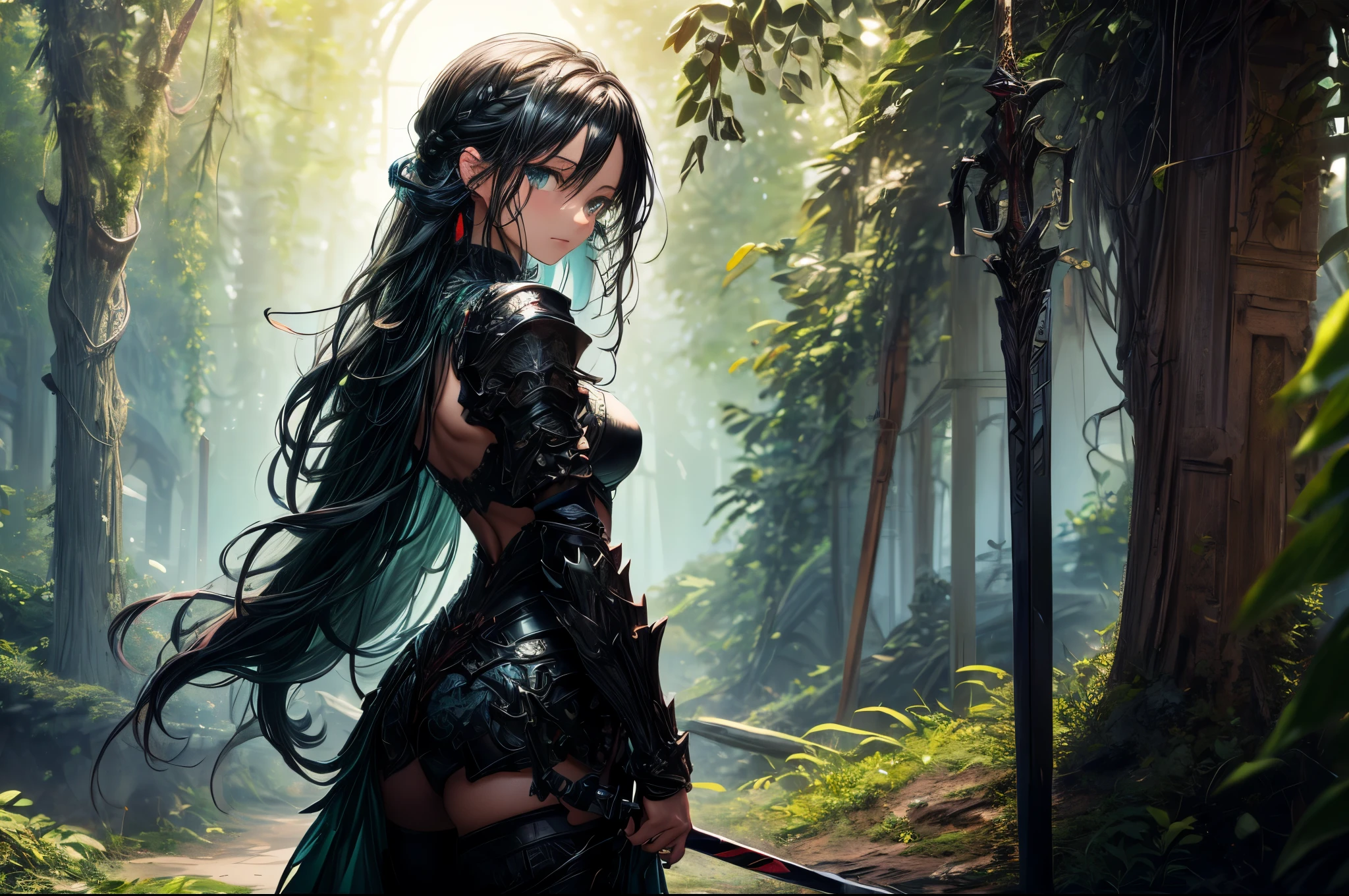 a picture of woman paladin of nature protecting the forest, a woman knight, black hair, long hair, full body (best details, Masterpiece, best quality :1.5), ultra detailed face (best details, Masterpiece, best quality :1.5), ultra feminine (best details, Masterpiece, best quality :1.5), black hair, long hair, braided hair, pale skin, (deep blue: 1.2) eyes, intense eyes, wearying heavy armor, white armor (best details, Masterpiece, best quality :1.5), green cloak, armed with a sword, glowing sword GlowingRunes_green, fantasy forest background, D&D art, RPG art, magical atmosphere magic-fantasy-forest, ultra best realistic, best details, best quality, 16k, [ultra detailed], masterpiece, best quality, (extremely detailed), ultra wide shot, photorealism, depth of field, hyper realistic painting