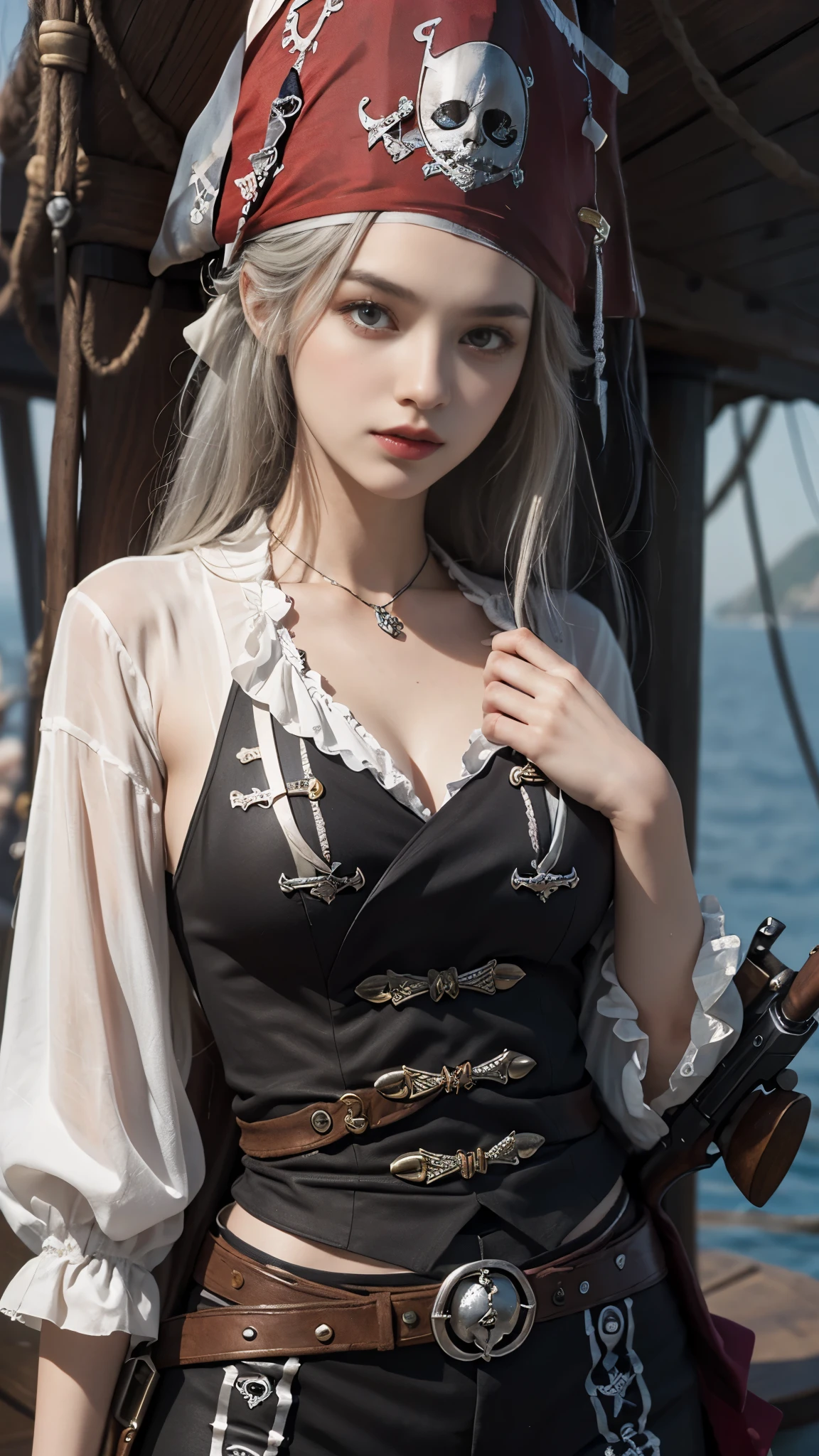 8K, ultra hd, masterpiece, 1 girl, good face, detailed eyes, very long hair, detailed lips, (fantasy:1.2), (ultra detailed:1.5), (pirate outfit:1.5), silver outfit, titanic ship, sea, gun in hand, (perfect body)