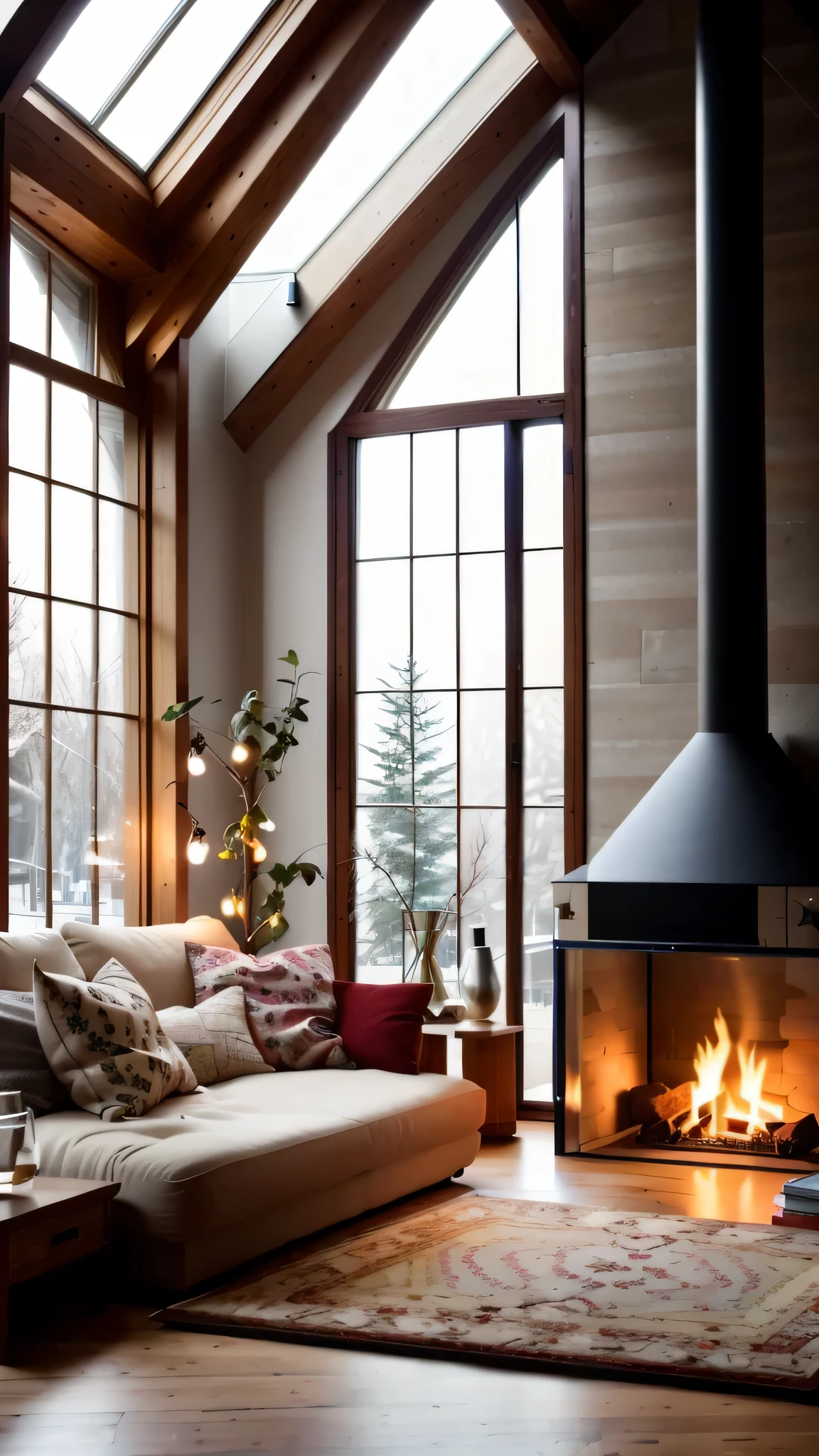 a cozy house, with fireplace, glass window, carpet on the floor