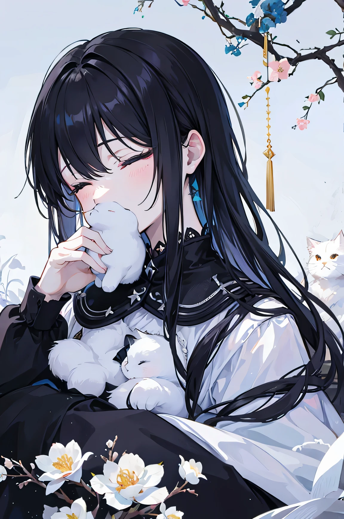 A fluffy white cat, Flowers, sleeping, Long black hair, a night, starry sky