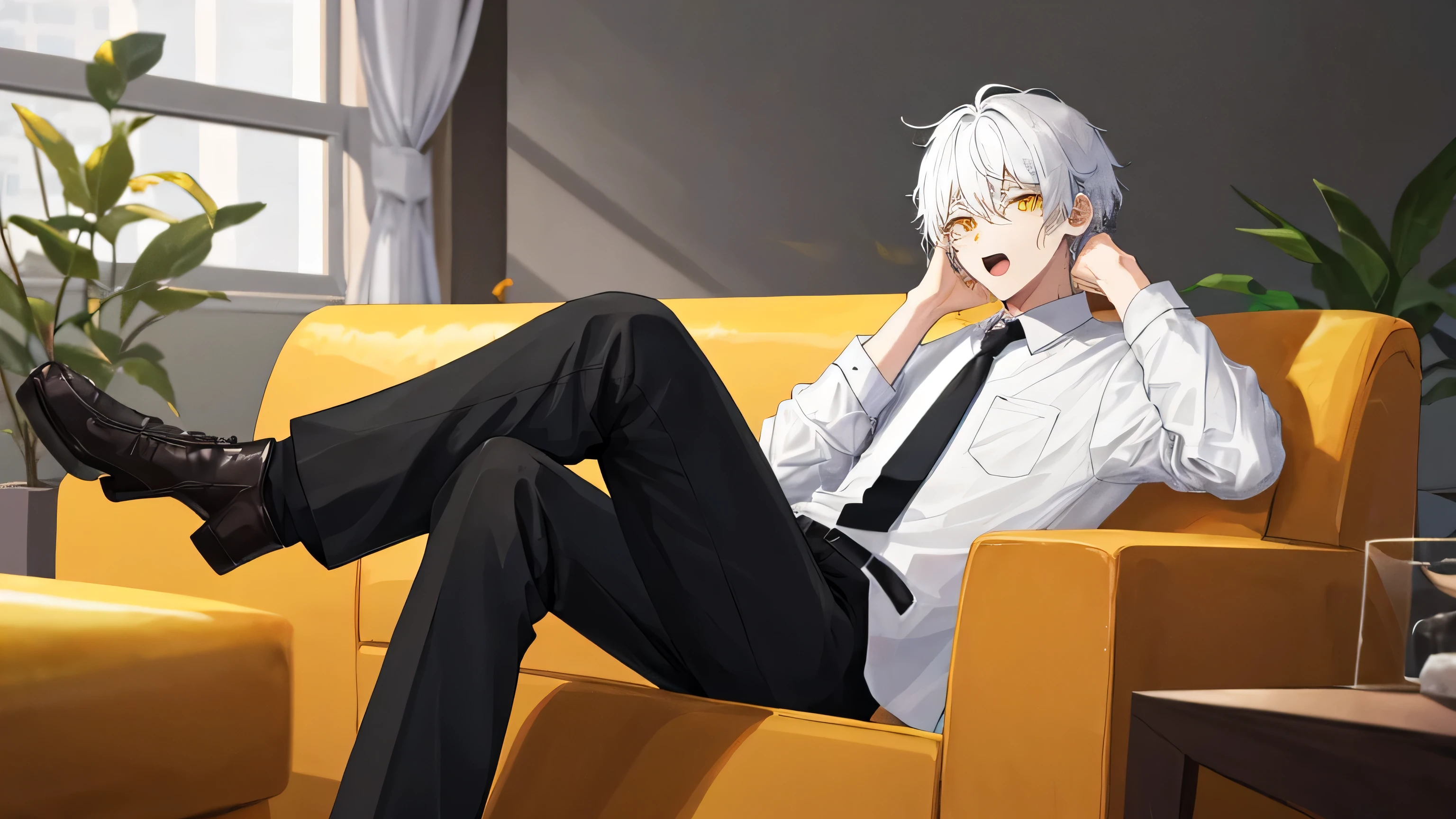 1boy, male focus, sitting, on couch, couch, crossed legs, hand on own face, white shirt, shirt, black pants, pants, necktie, indoors, solo, looking at viewer, open mouth, white hair, yellow eyes,  short hair, best quality, amazing quality, best aesthetic, absurdres, year 2023