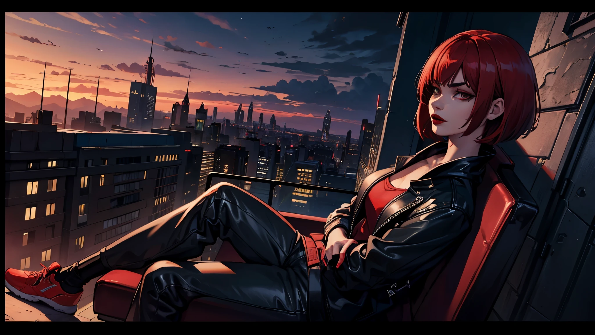 high detailed, 8k, highres, 1girl, solo, sitting on roof, streetwear, fashion, scarlet hair, bob cut, ((dark red lips)), evil, mean, sadistic, landscape, night, city