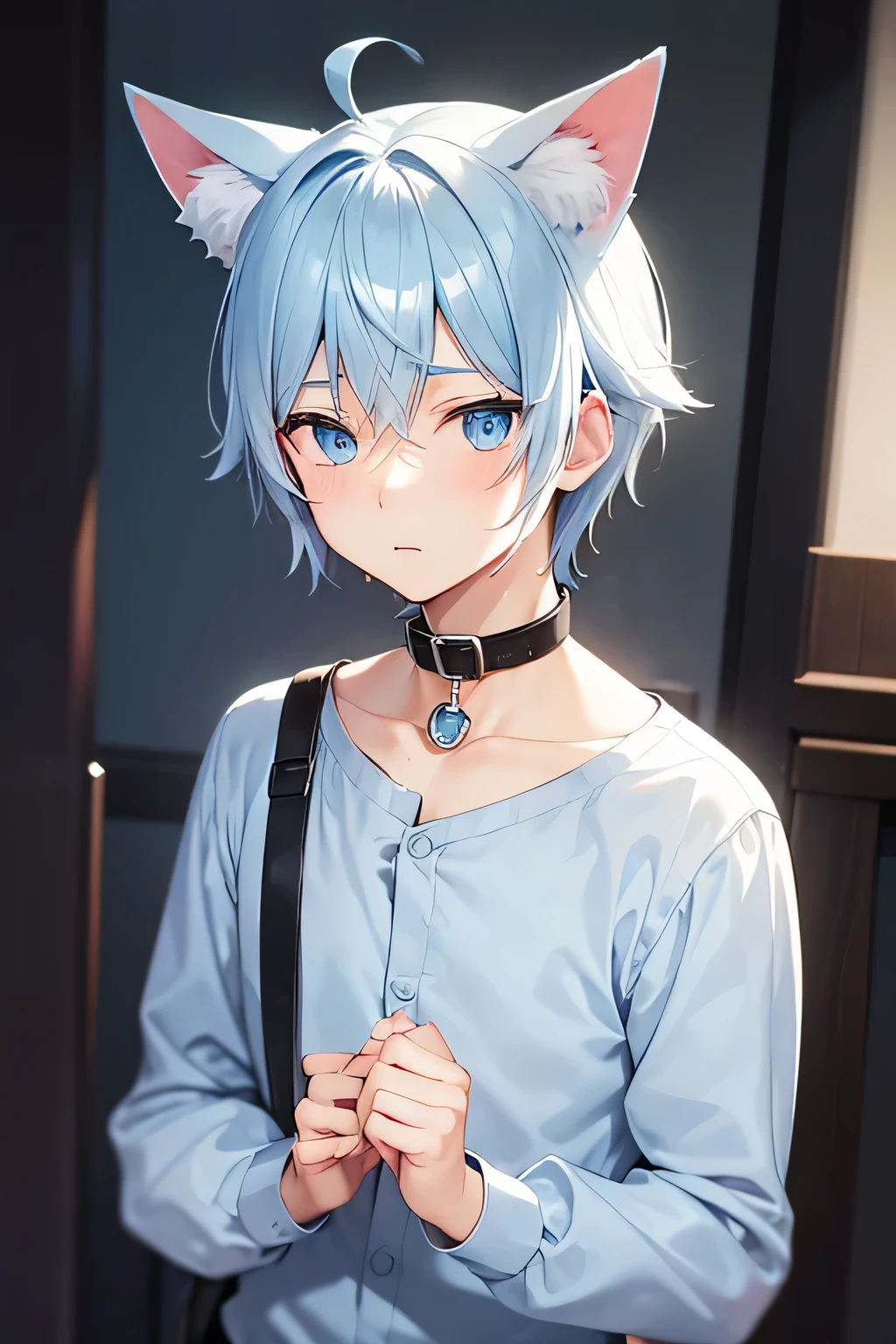 Light blue cat ears boy,collar,Handsome