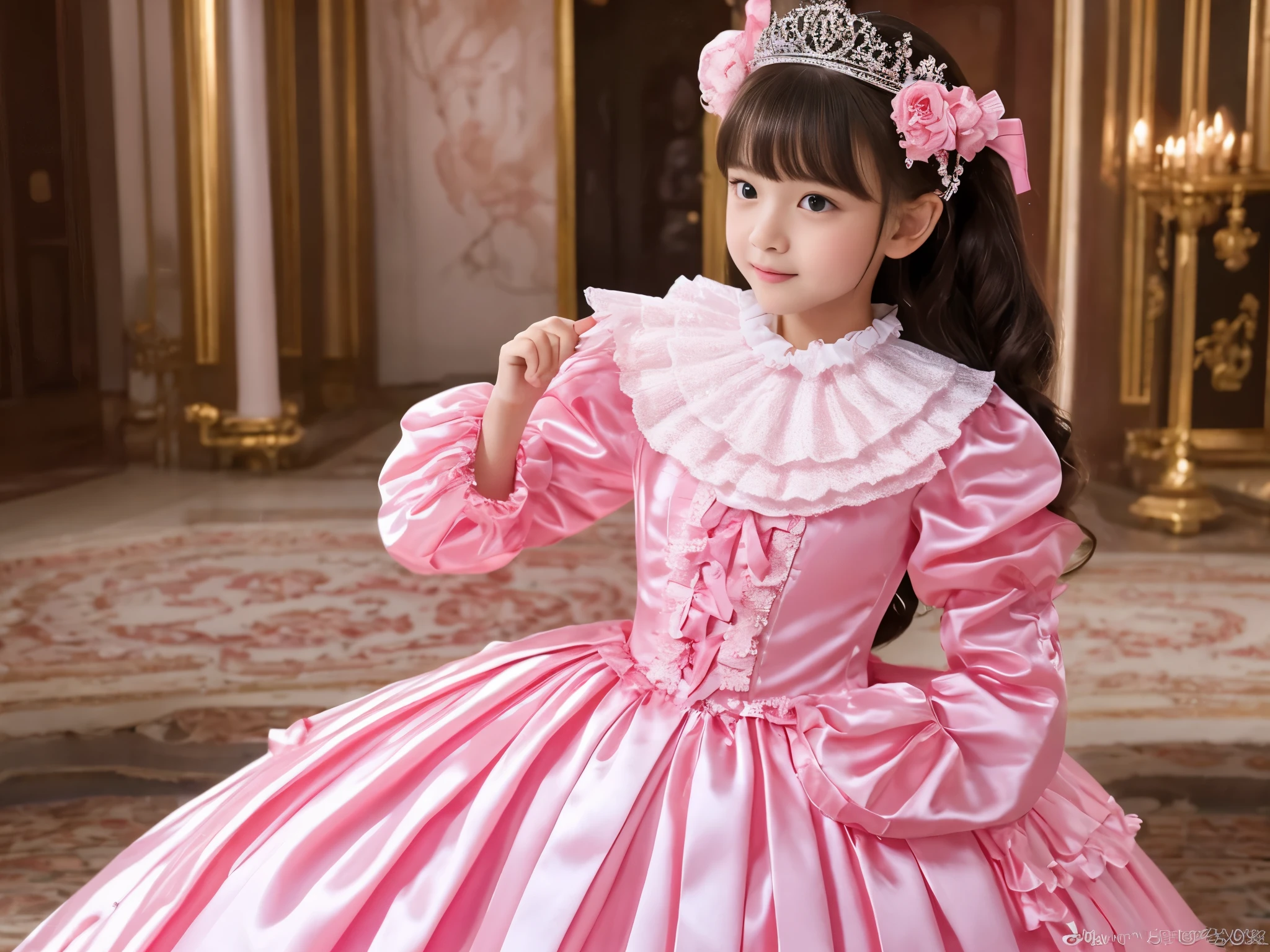 ,highest quality, masterpiece, highest resolution, artwork, super それにget used to it, many get used to it, get used to it, それにget used to it, 3K realistic photos,,(( )),highly detailed boy&#39;s face,the girl is a princess,Full length ball gown dress with hoop skirt,ruffled yoke collar,puff sleeves,long sleeve,((Lolita style hot pink detailed princess satin dress、Comes with lots of frills and ribbons。)),roco colorita fashion,shiny satin dress,Soft and smooth fabric,luxury,long wavy hair,