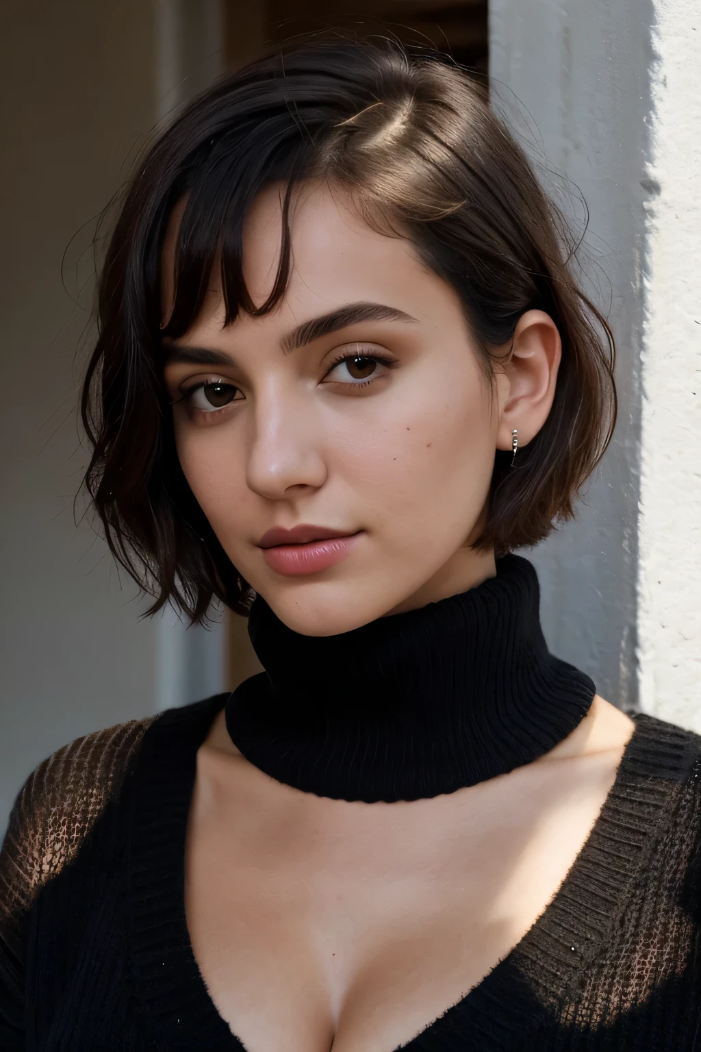 instagram photo, 21yo french woman, short hair, black hair, closeup portrait, sweater, cleavage, pale, hard shadows