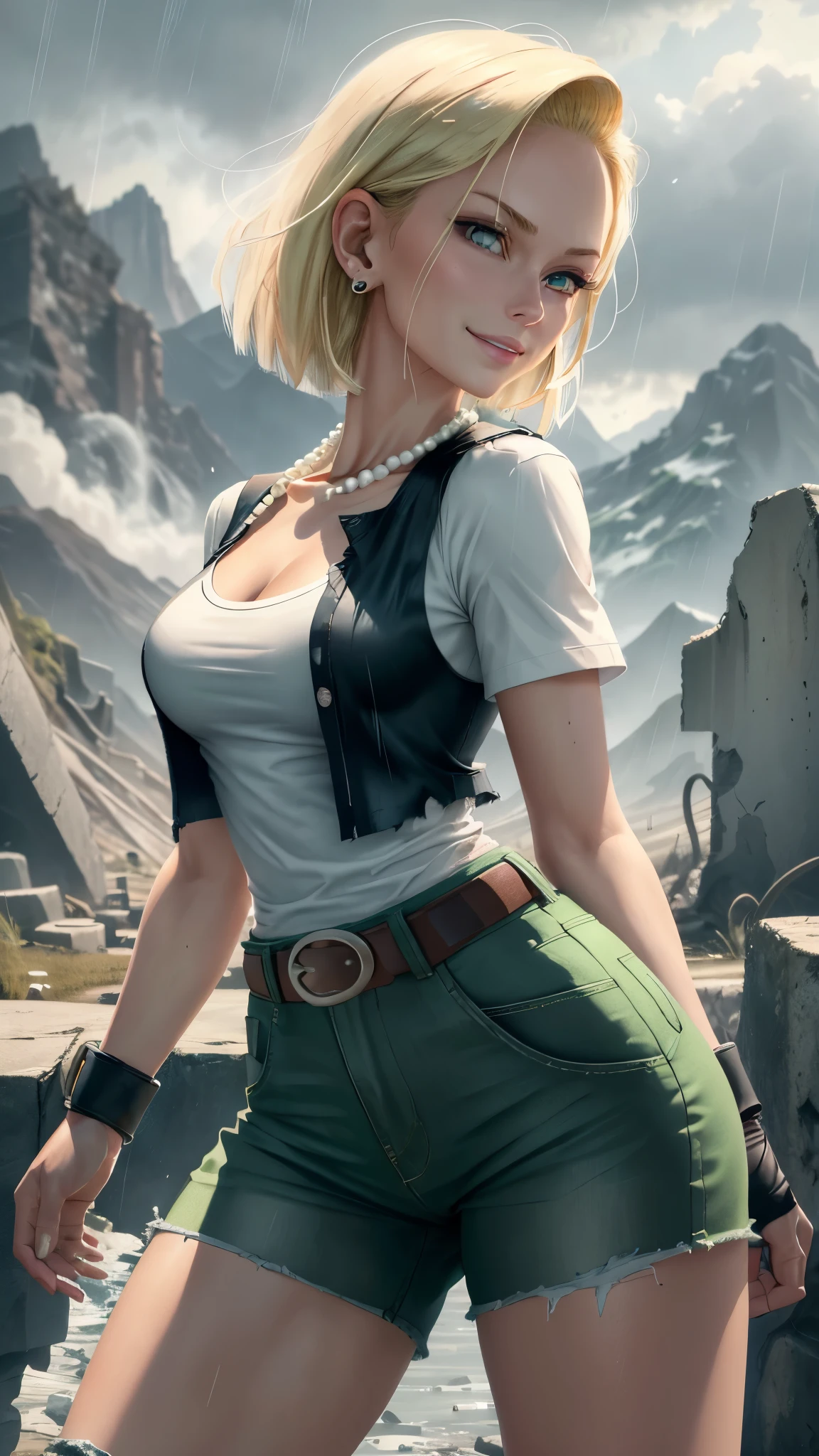 best quality, highres, and18, 1girl, android 18, solo girl, 1girl, blonde hair, blue eyes, belt, green jeans, pearl necklace, bracelets, black gloves, white shirt, short hair, short sleeves, earrings, green pants, open vest, black vest, medium breasts, cowboy shot, mountains, straight-on, (weather: raining and windy), wet shirt, sexy smile, combat stance, battle ruins, wide hips, thick legs, torn clothes, closed fists, from behind,