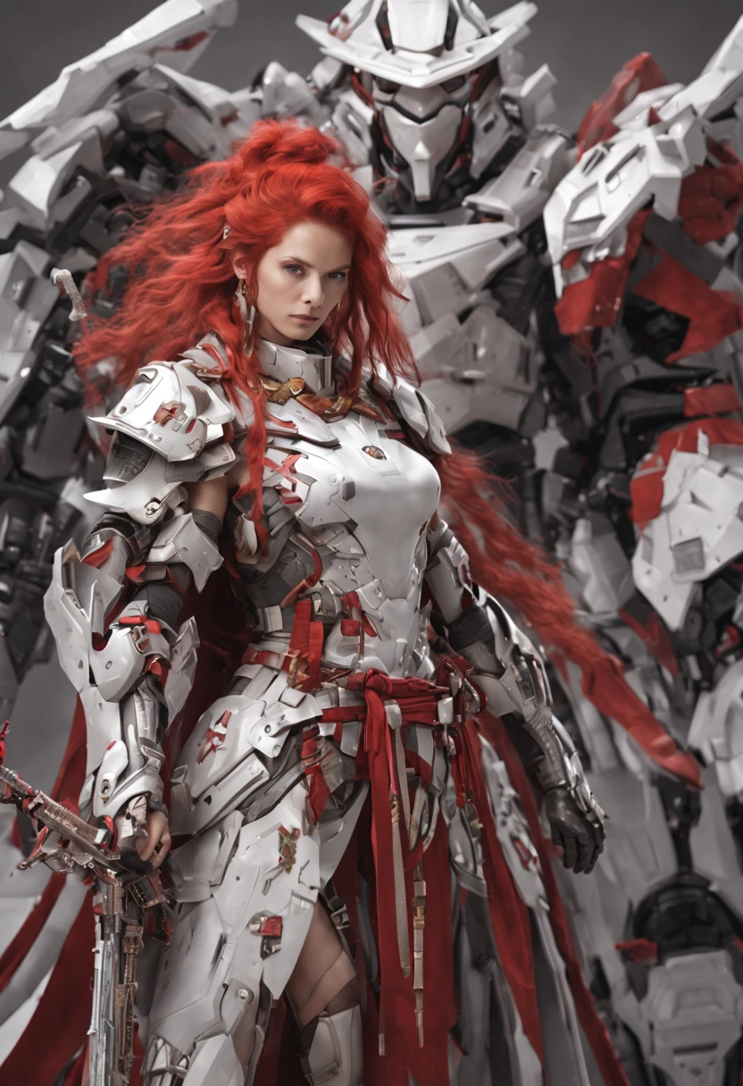 photography, raw photo, A female warrior dressed in battle clothes, red hair, holding a long sword in her hand, dressed in formal attire, a fusion of mecha and cloth clothing, with a complex hierarchy of monochromatic white characters, deep silver and light silver,32k