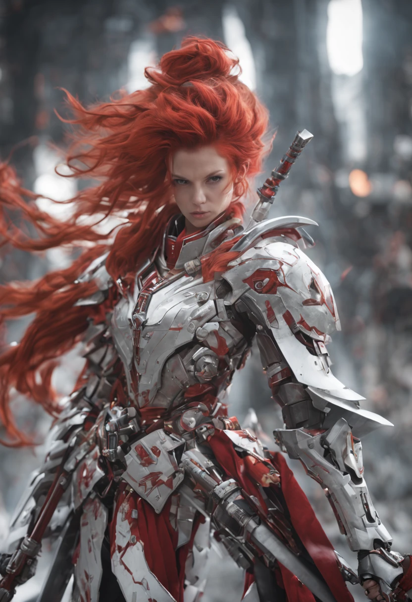photography, raw photo, A female warrior dressed in battle clothes, red hair, holding a long sword in her hand, dressed in formal attire, a fusion of mecha and cloth clothing, with a complex hierarchy of monochromatic white characters, deep silver and light silver,32k