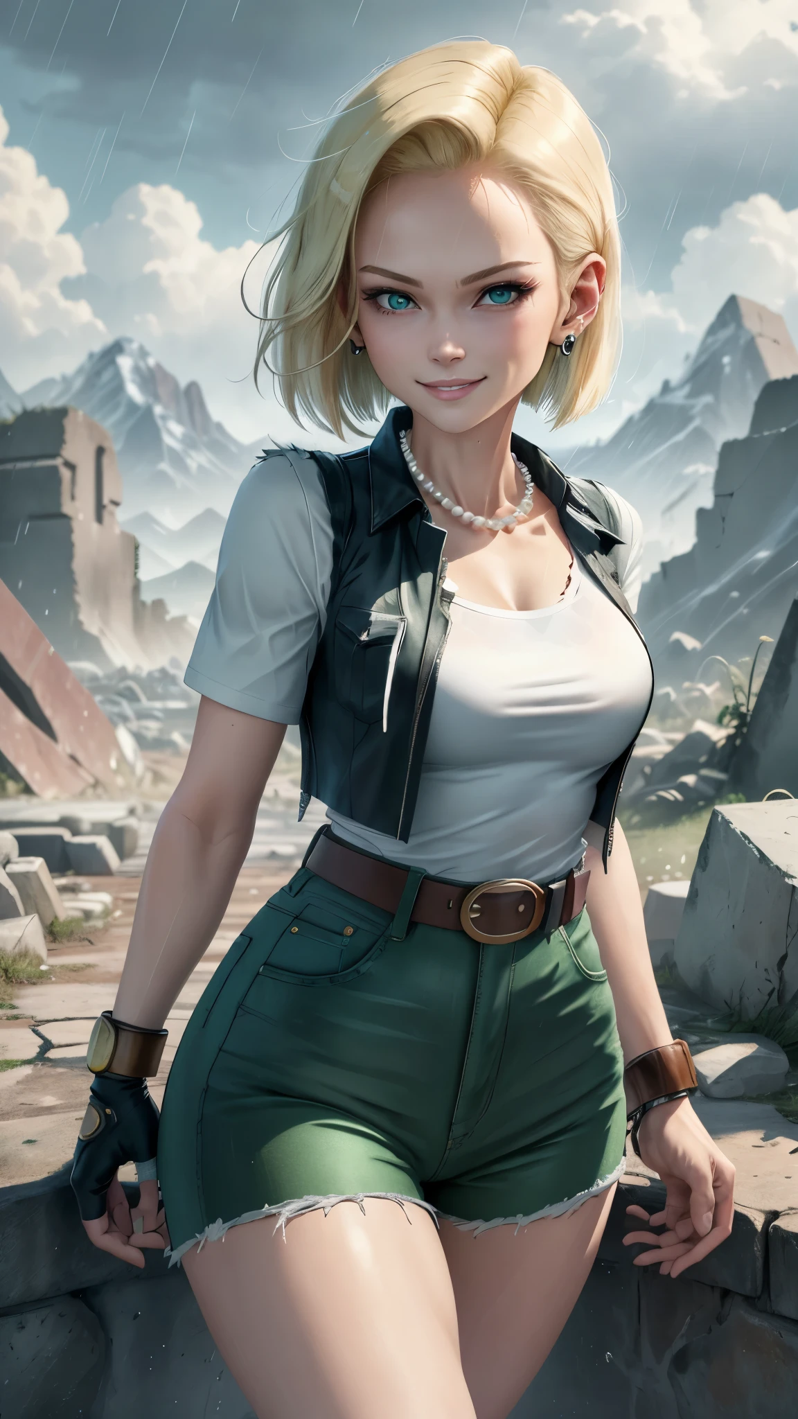 best quality, highres, and18, 1girl, android 18, solo girl, 1girl, blonde hair, blue eyes, belt, green jeans, pearl necklace, bracelets, black gloves, white shirt, short hair, short sleeves, earrings, green pants, open vest, black vest, medium breasts, cowboy shot, mountains, straight-on, (weather: raining and windy), wet shirt, sexy smile, combat stance, battle ruins, wide hips, thick legs, torn clothes, closed fists, from behind,