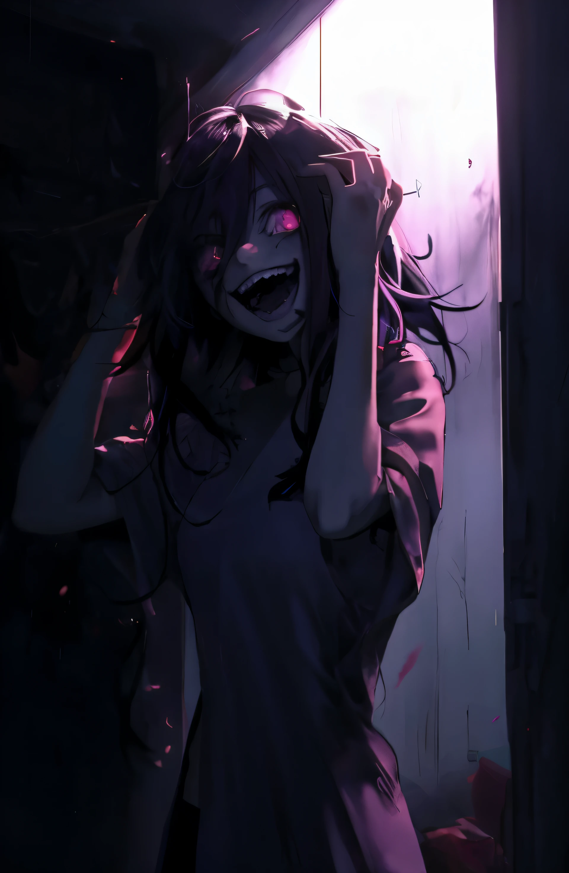 Anime girl with long neon purple hair and creepy face in a dark room., Gapmoe Yandere, yandere, gapmoe yandere grimdark, [[[[sonriendo malvadamente]]]], Yandere intrincado, yandere. alto, con ojos rojos brillantes, sonrisa asesina, portrait gapmoe yandere grimdark, sonrisa malvada y ojos brillantes, high resolution,HD