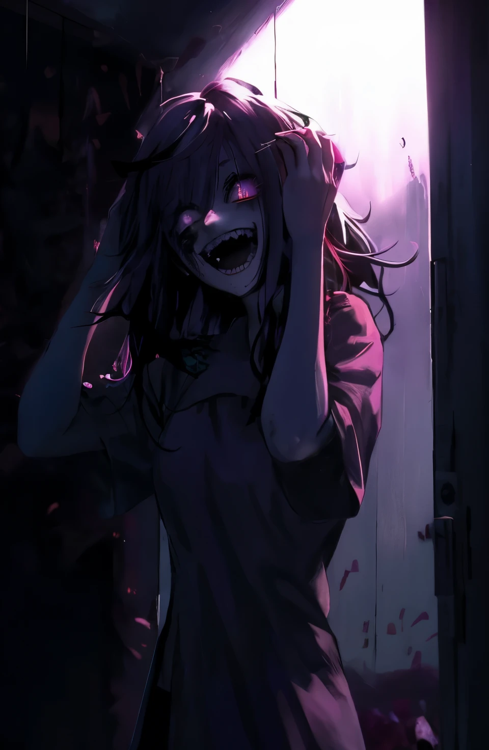 Anime girl with long neon purple hair and creepy face in a dark room., Gapmoe Yandere, yandere, Gapmoe Yandere grimdark, [[[[sonriendo malvadamente]]]], yandere intrincado, yandere. alto, con ojos rojos brillantes, sonrisa asesina, portrait Gapmoe Yandere grimdark, sonrisa malvada y ojos brillantes, high resolution,UHD