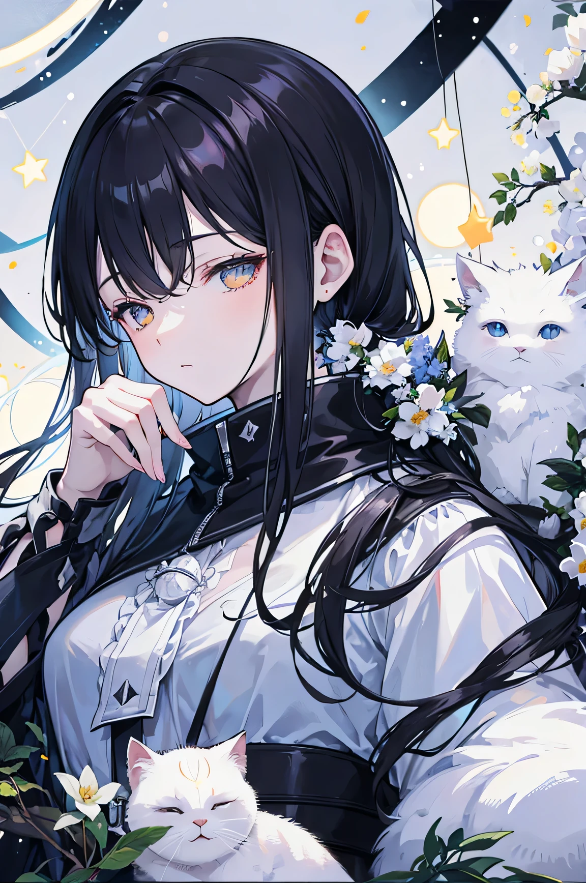 A fluffy white cat, Flowers, sleeping, Long black hair, a night, starry sky