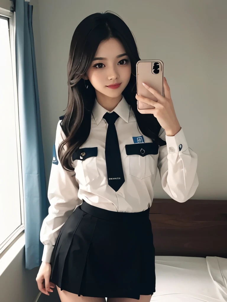 Cute little  with large breasts thin waist wide hips wearing a cute police uniform  blouse skirt in a bedroom taking a selfie 