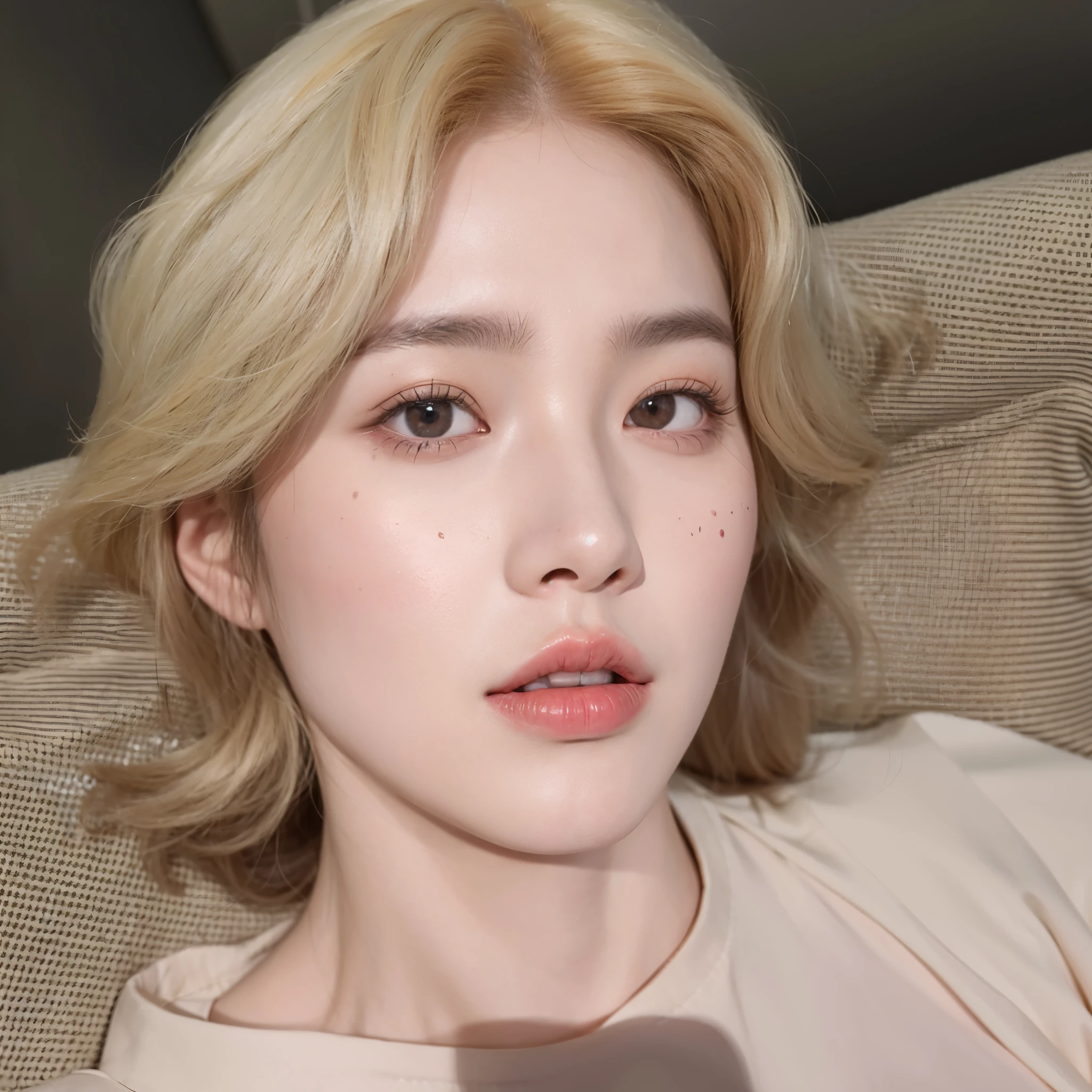 A closeup of a person sitting on a couch with a cell phone, Jung Jaehyun, Jimin\the right eyelid is swollen, Jimin\the full lips, Yanjun Chengt, com cabelo curto, jaeyeon nam, inspirado em jeonseok lee, taejune kim, Jinyoung Shin, adorable and pale korean face, cai xukun, pale round face