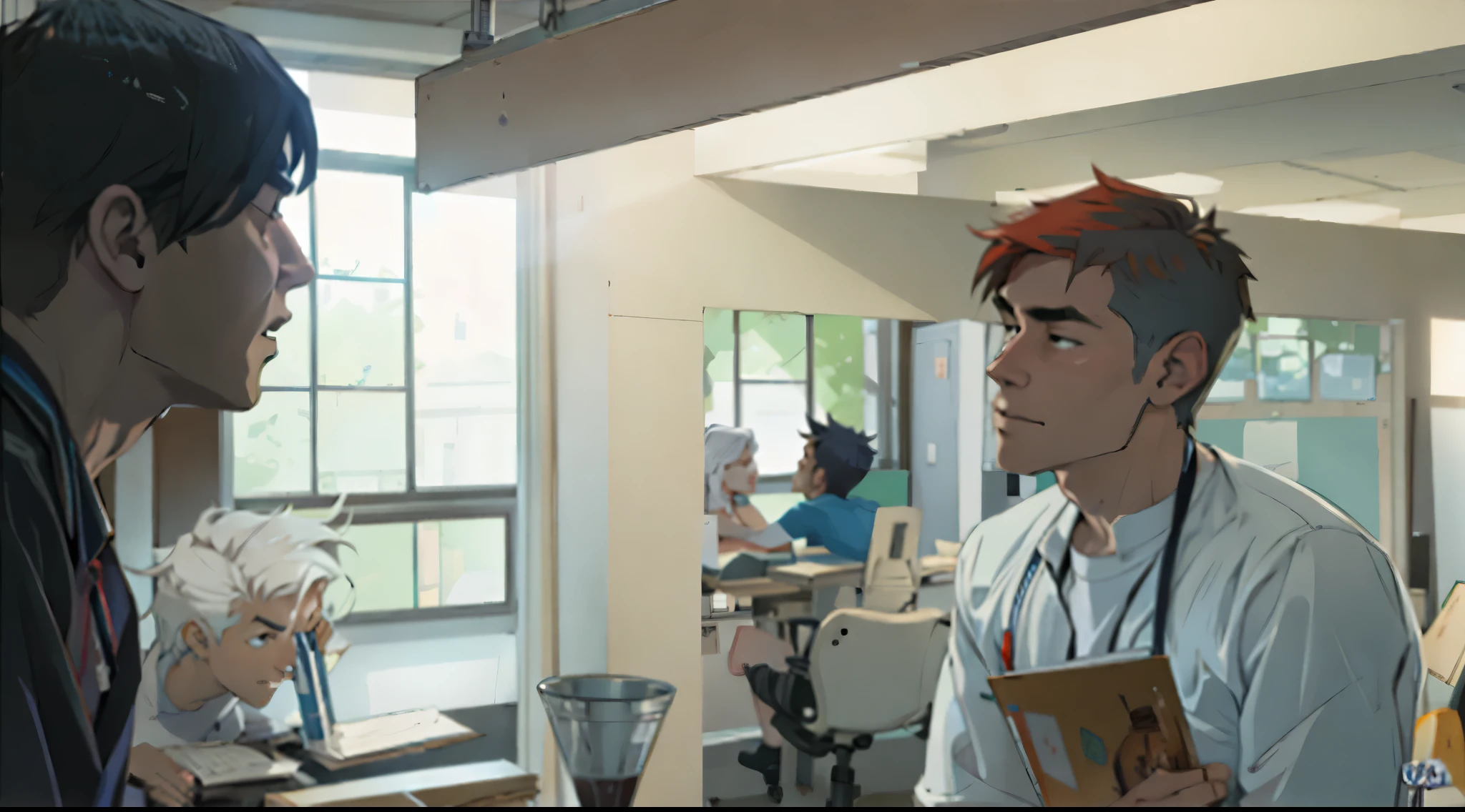 16 year old boy with silver hair sitting in the office talking to the school principal she has red hair 