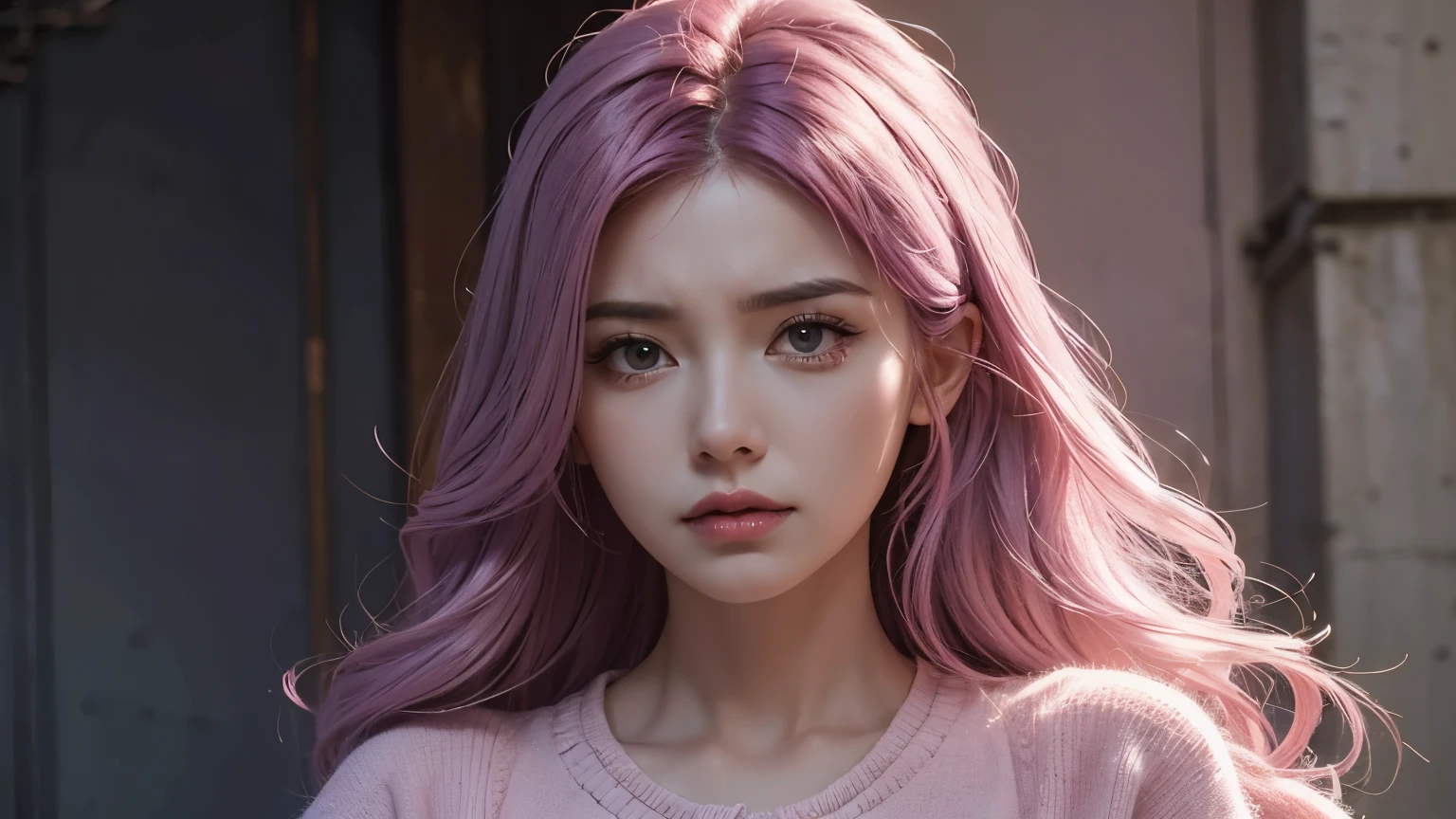 A angry mommy with long light pink soft purple hair, perfect big booba , good quality, detailed beauty face