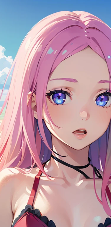 Realistic、1girl、pink hair、blue eyes、(eye focus:1.3,face focus:1.3,upper body:1.5),(gradient eyes:1.3),(red bikini)、open mouth,happy,forehead,cute face,portrait,beach、