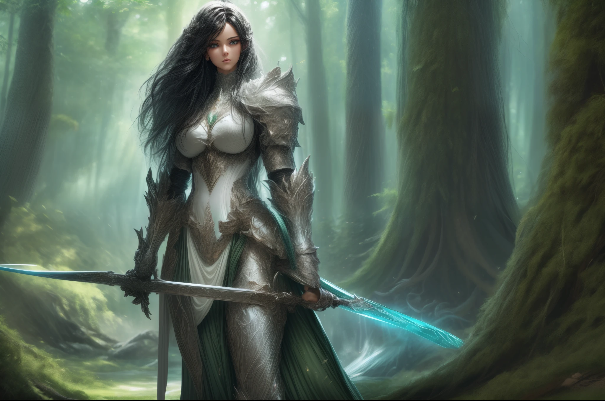 a picture of woman paladin of nature protecting the forest, a woman knight, black hair, long hair, full body (best details, Masterpiece, best quality :1.5), ultra detailed face (best details, Masterpiece, best quality :1.5), ultra feminine (best details, Masterpiece, best quality :1.5), black hair, long hair, braided hair, pale skin, (deep blue: 1.2) eyes, intense eyes, wearying heavy armor, white armor (best details, Masterpiece, best quality :1.5), green cloak, armed with a sword, glowing sword GlowingRunes_green, fantasy forest background, D&D art, RPG art, magical atmosphere magic-fantasy-forest, ultra best realistic, best details, best quality, 16k, [ultra detailed], masterpiece, best quality, (extremely detailed), ultra wide shot, photorealism, depth of field, hyper realistic painting