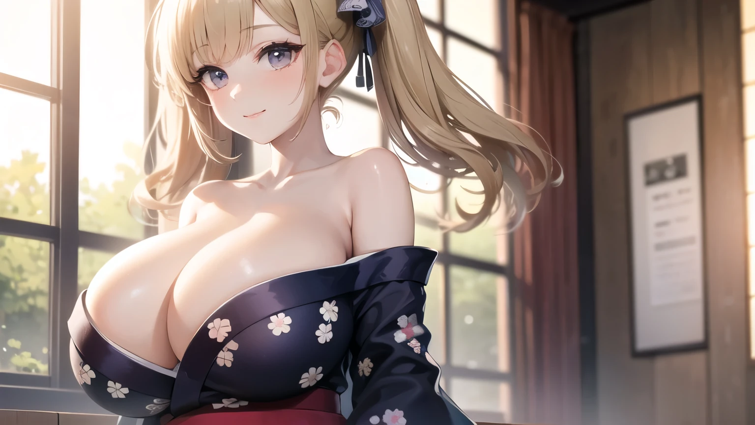 (((masterpiece, best quality))), (((superior quality))), cute girl, ((extremely detailed girl)), ((huge breasts)), (yukata), (bare shoulders), strapless top, slight smile, twin tail blonde