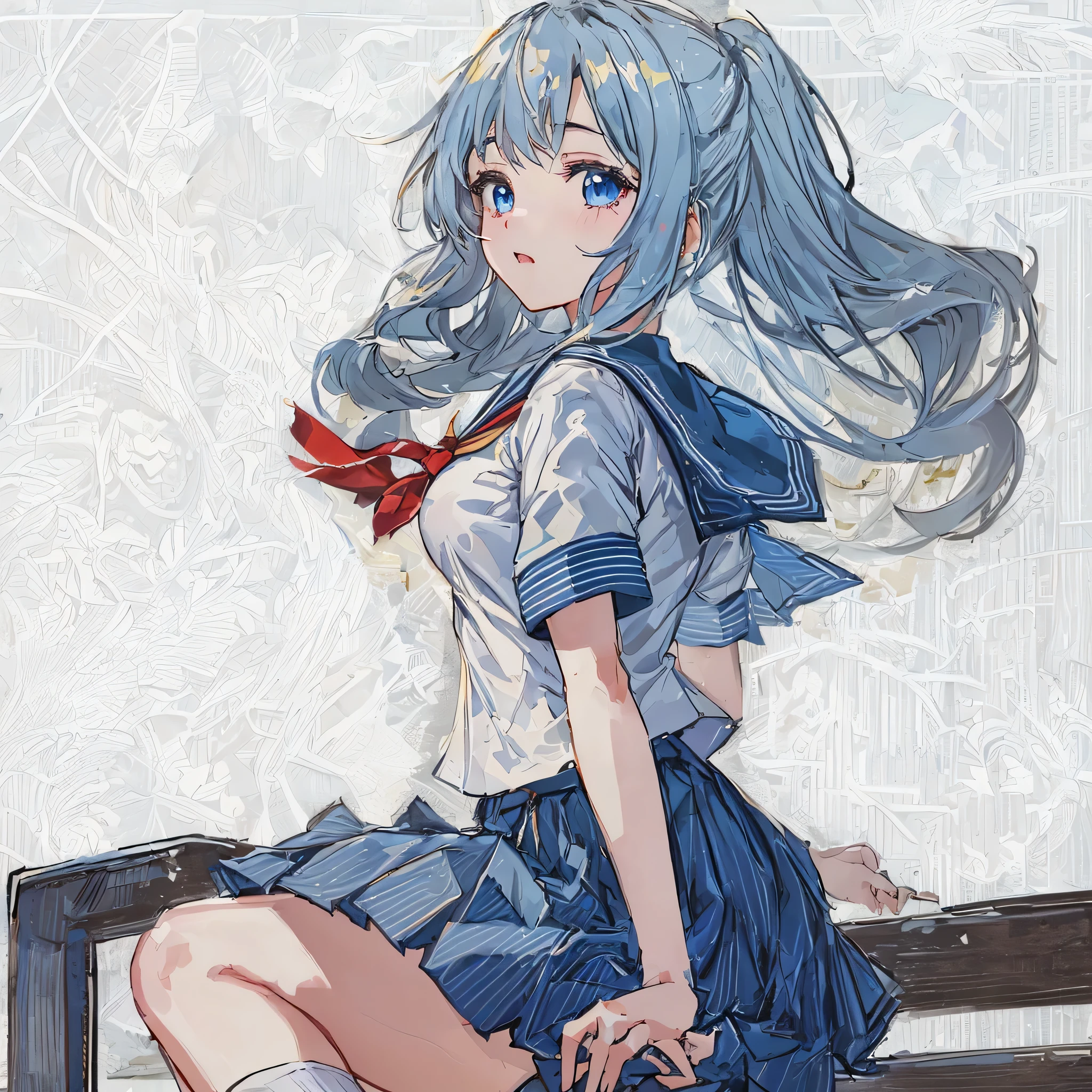 super detailed,masterpiece, highest quality,figure,sailor suit,slanted eyes,straight hair,blue hair,side part,super dense skin,beautiful and fine eyes,short sleeve shirt,blue eyes,(medium breasts:1.1), (A raised and well-defined bust:1.1), (lifted chest:1.2), (perky chest :1.1),high School girl,please sit down,high socks,loafers,School,BREAK catch light eyes