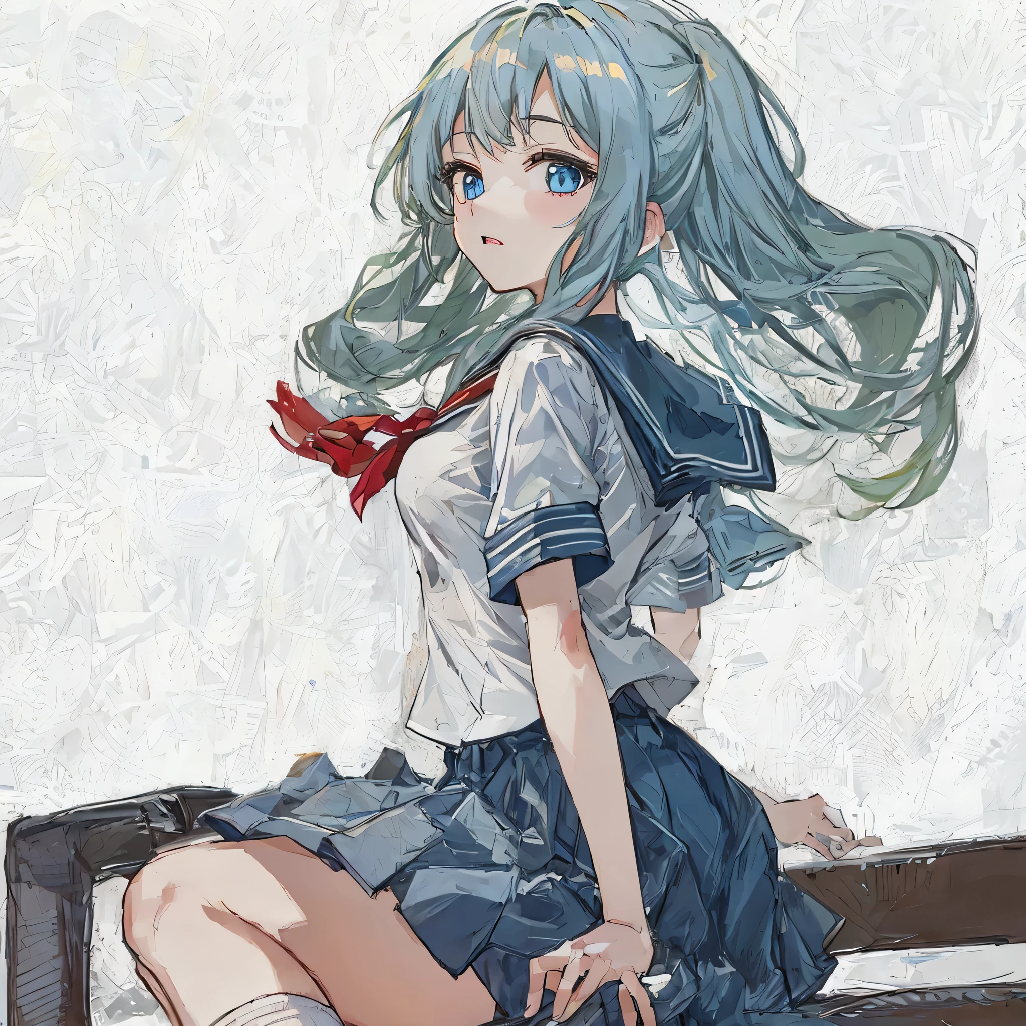 super detailed,masterpiece, highest quality,figure,sailor suit,slanted eyes,straight hair,blue hair,side part,super dense skin,beautiful and fine eyes,short sleeve shirt,blue eyes,(medium :1.1), (A raised and well-defined bust:1.1), (lifted chest:1.2), (perky chest :1.1),high School girl,please sit down,high socks,loafers,School,BREAK catch light eyes