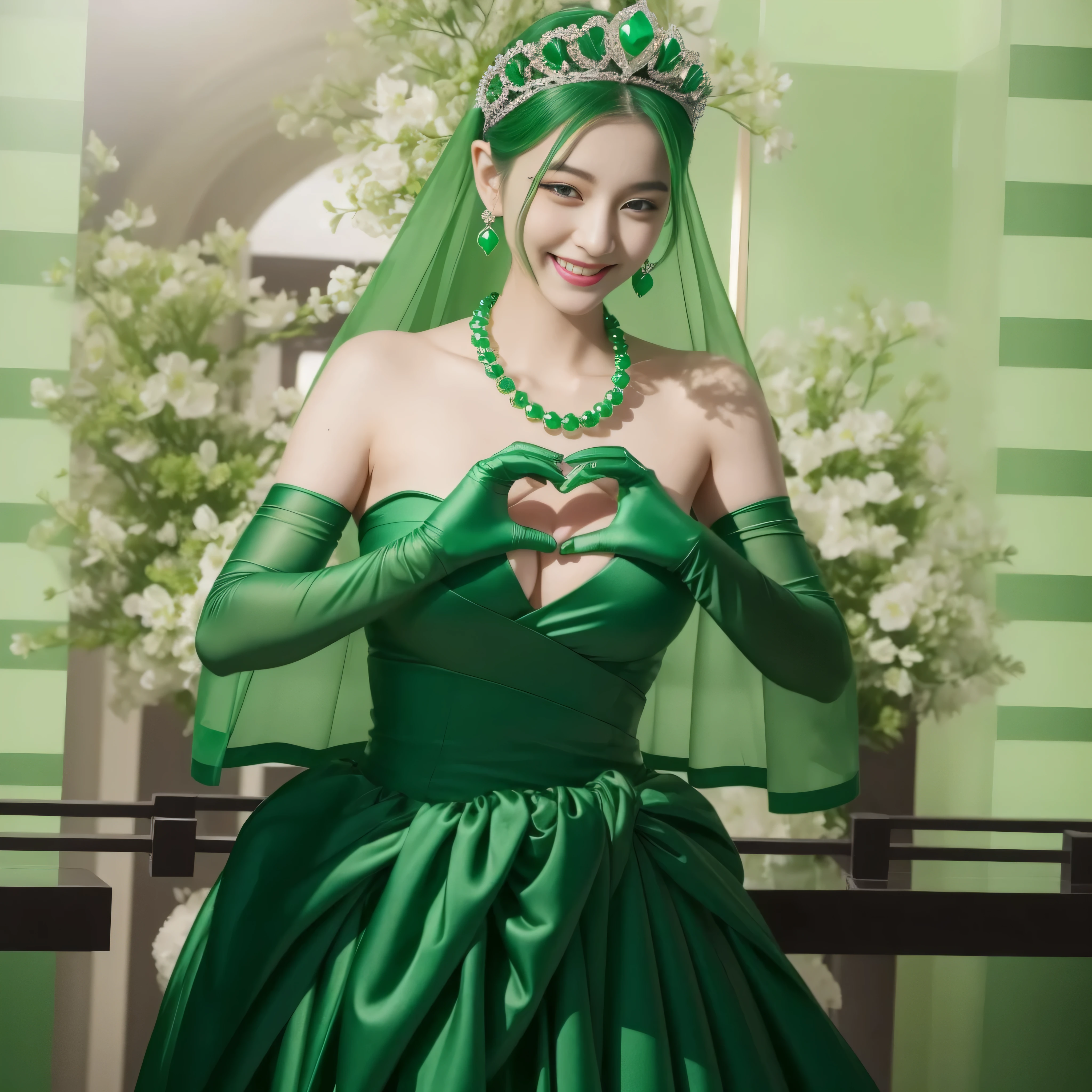 emerald tiara, green pearl necklace, ボーイッシュな非常に短いgreen hair, lipstick, smiling Japanese woman, very short hair, Beauty with large breasts, green eyes, Long Green Satin Gloves, green eyes, emerald earrings, green veil, heart with both hands, green hair, beautiful japanese woman, heart shaped hand:1.3, green lip gloss
