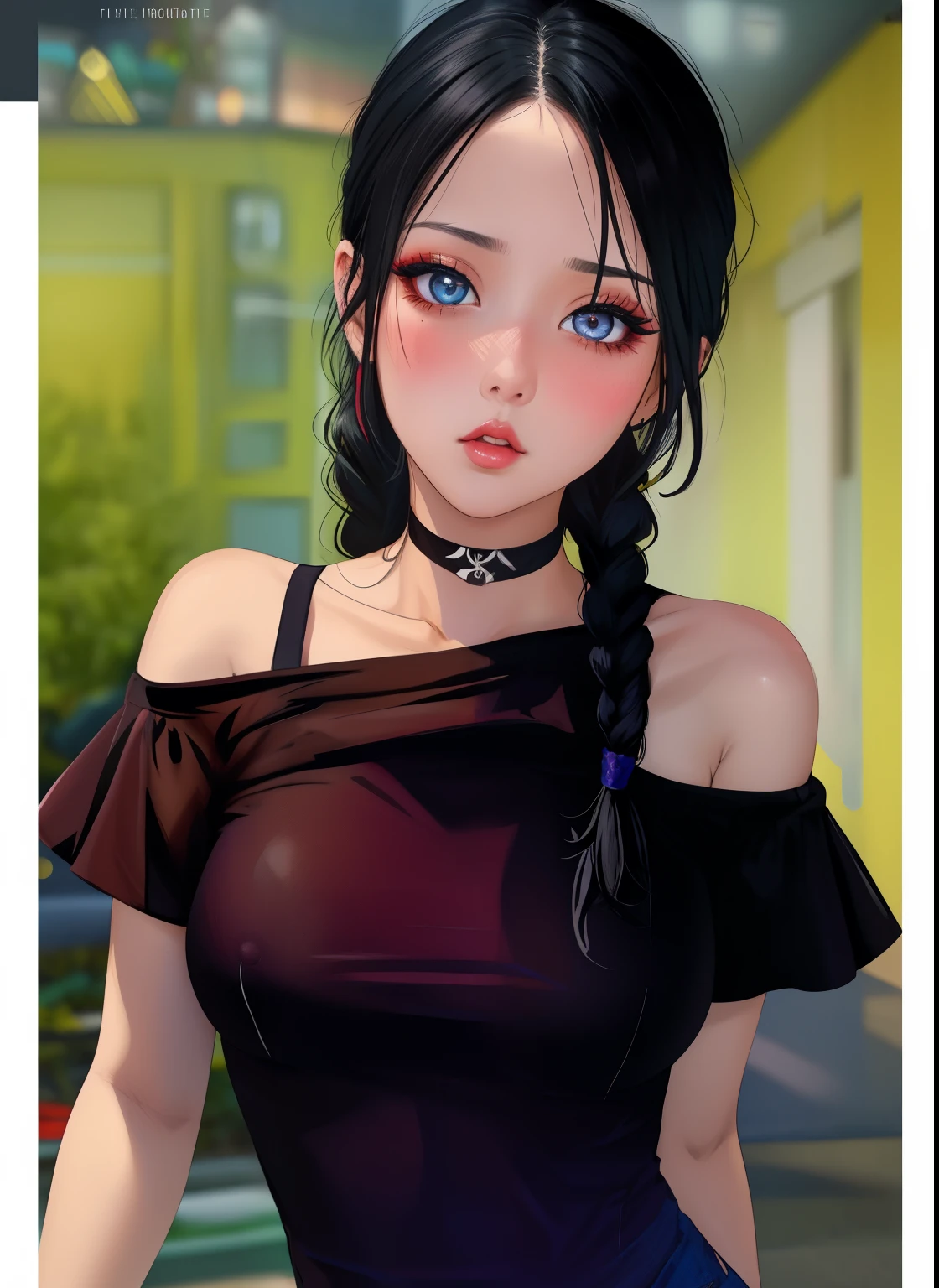 Sexy woman, black hair, single braid, seductive eyes, intense gaze, mouth parted, deep blush, flustered, beautiful face, amazing makeup, off shoulder t shirt