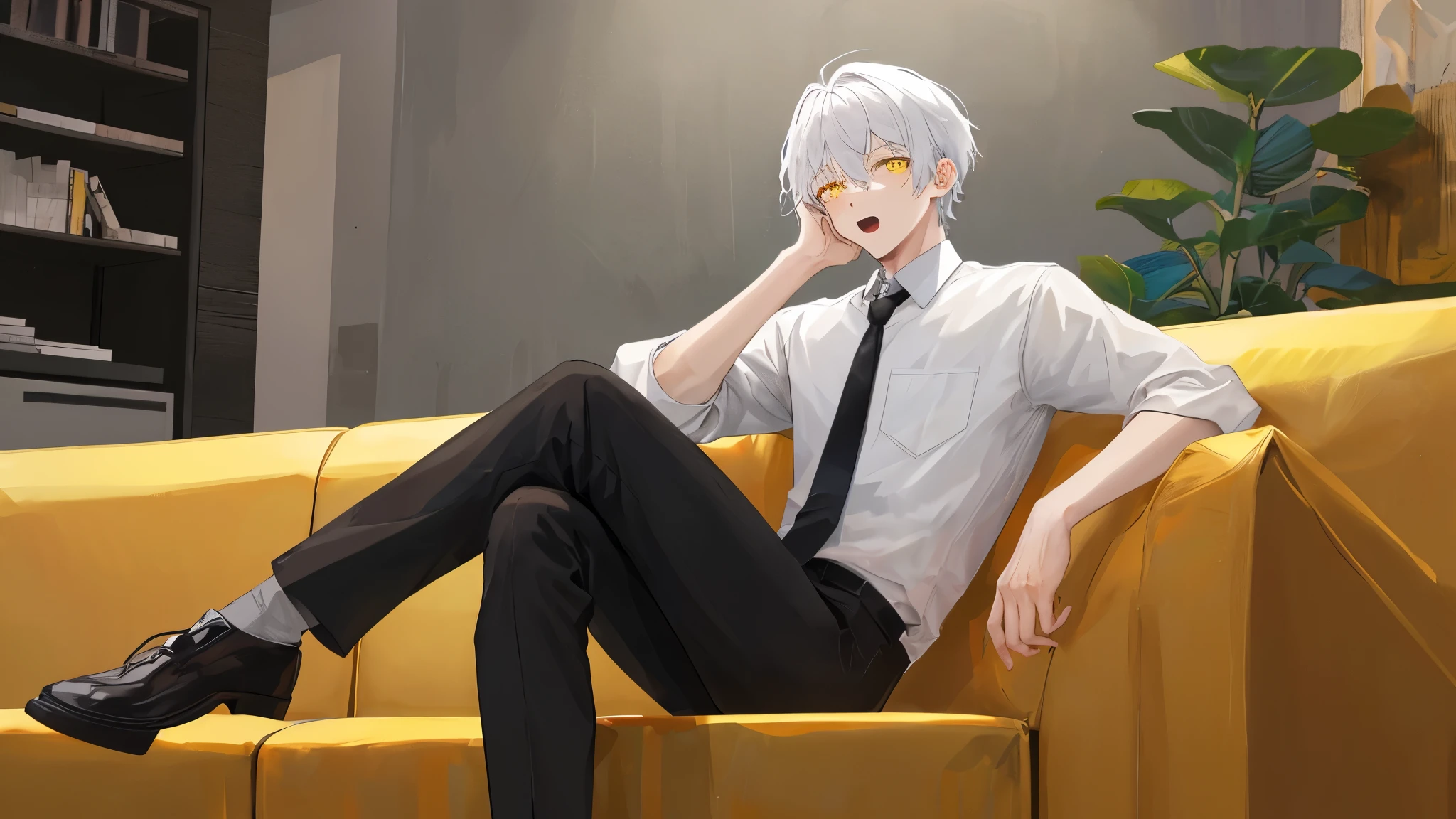 1boy, male focus, sitting, on couch, couch, crossed legs, hand on own face, white shirt, shirt, black pants, pants, necktie, indoors, solo, looking at viewer, open mouth, white hair, yellow eyes,  short hair, best quality, amazing quality, best aesthetic, absurdres, year 2023