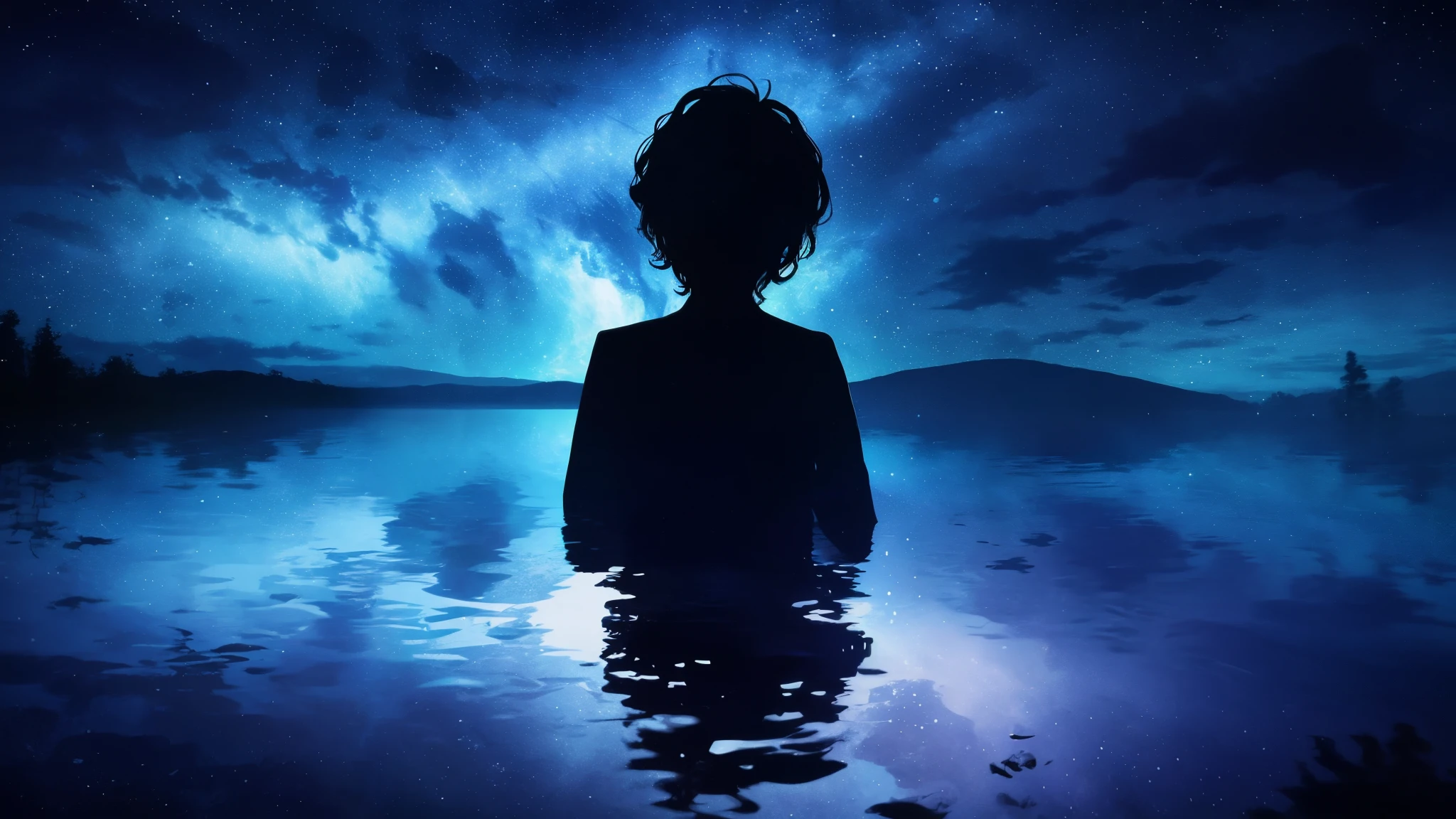 full moon, starry sky, myriads of stars, lake, moon reflection in the lake, water surface, ripples on the water, night, boy admiring the sky and moon