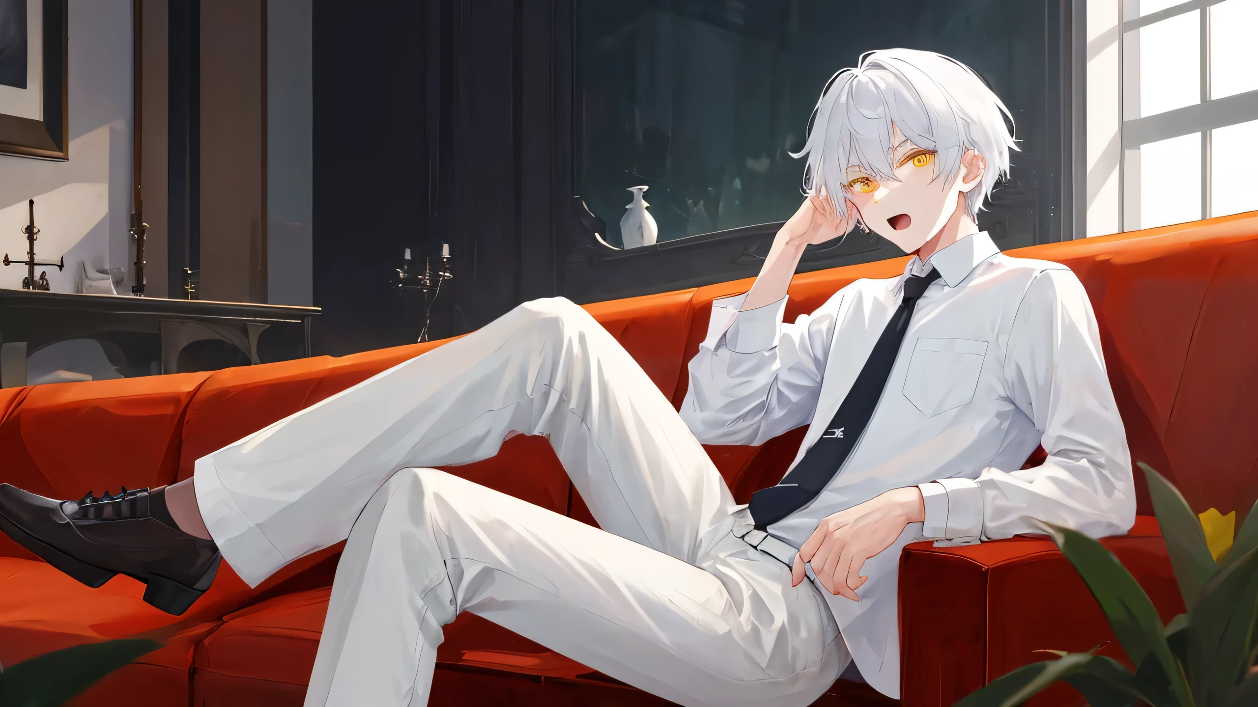 1boy, male focus, sitting, on couch, couch, crossed legs, hand on own face, white shirt, shirt, black pants, pants, necktie, indoors, solo, looking at viewer, open mouth, white hair, yellow eyes,  short hair, best quality, amazing quality, best aesthetic, absurdres, year 2023