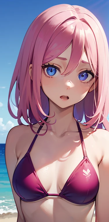 Realistic、1girl、pink hair、blue eyes、(eye focus:1.3,face focus:1.3,upper body:1.5),(gradient eyes:1.3),(red bikini)、open mouth,aroused,forehead,cute face,portrait,beach、