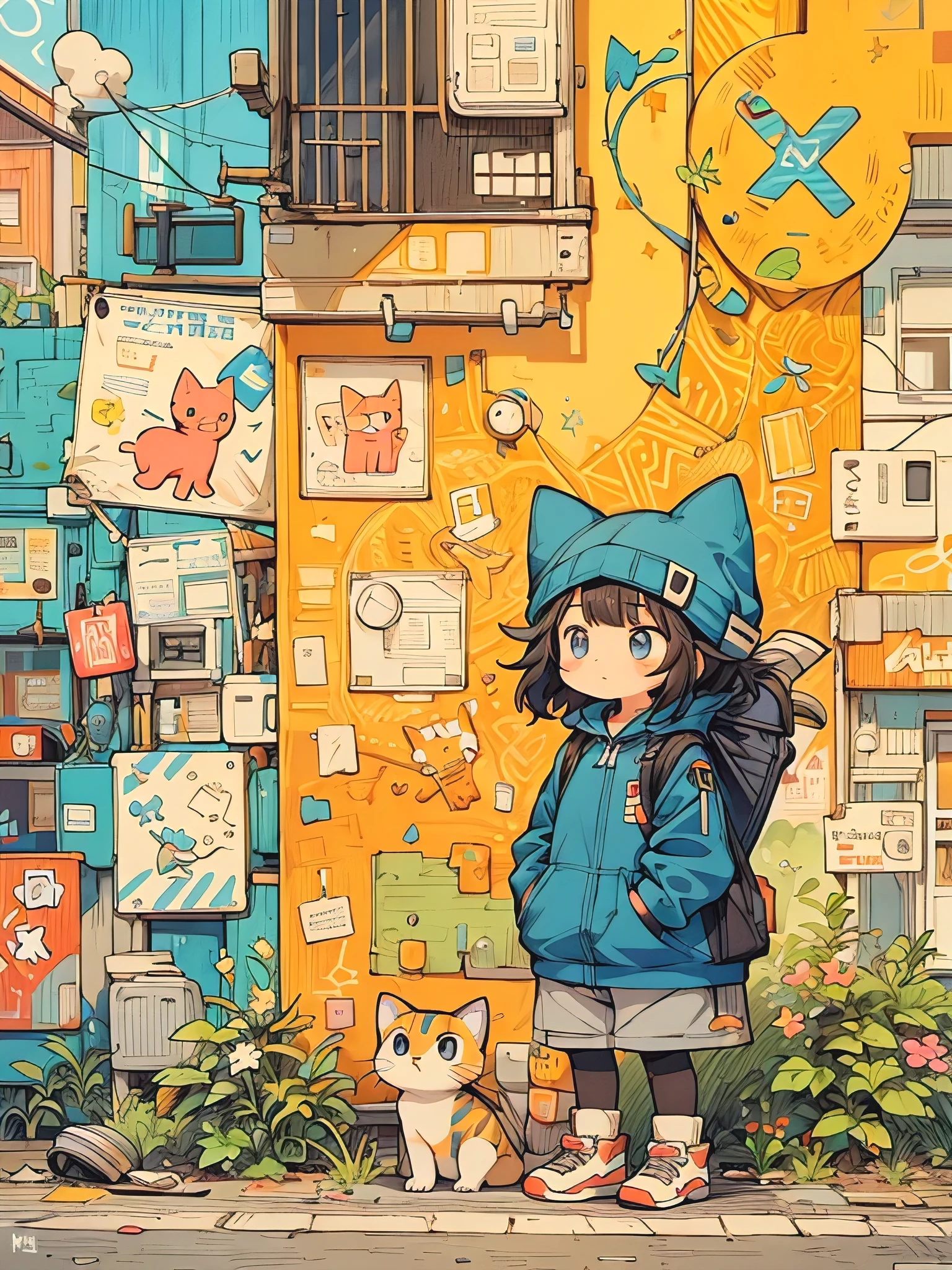 There is a cute with a cat standing on a quiet city road, full of cute graffiti art, thick line art by Mr. Graffiti and Keith Haring, KleinBlue, stick shaped, young, cute, anthropomorphic, graffiti, Sharp illustrations, MBE illustrations, thick lines, a mix of garbage style patterns, text and emoji symbolically