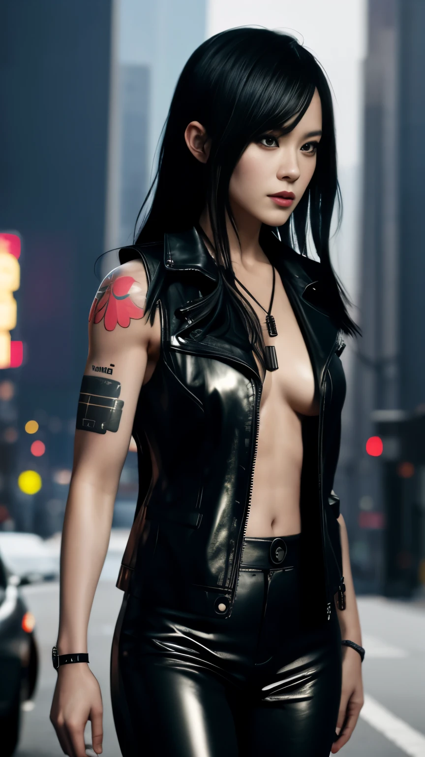 highest quality，masterpiece，Super detailed，8K, UHD，Beautiful woman，japanese woman，Expressionless，(Topless)，whole body，((tattoo))，slim，Black leather pants，black leather vest，(female mafia)，gangster，(cyberpunk city)，night，cinematic lightening，movie poster，underworld