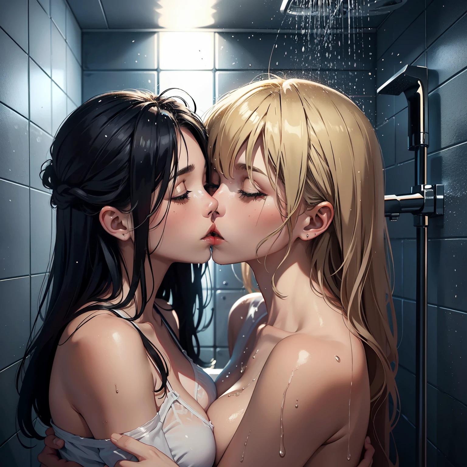 Two women, kissing passionately, lips touching, hugging tight, inside a small bathroom, underneath the shower, fully wet, soaked, lustful kissing
