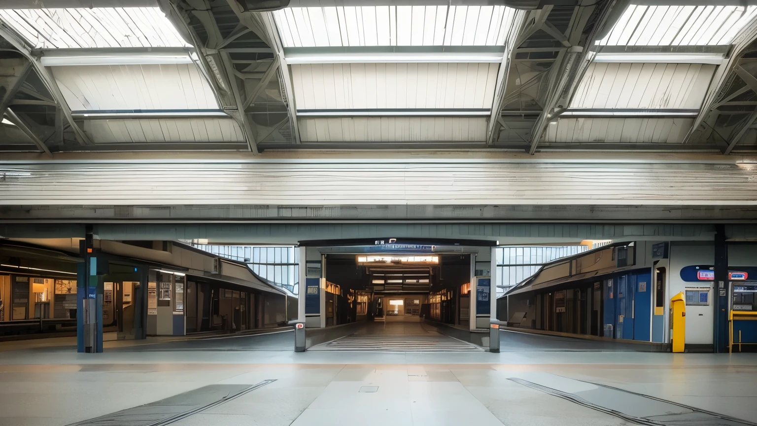 (best quality,high resolution,ultra-detailed,realistic:1.2),Empty train platform, Eye-level perspective, Serene atmosphere, No train passes by, Homeward journey, Night station, Waiting for the train, Modern architecture, Urban lifestyle, After-work hours, Station scenery.